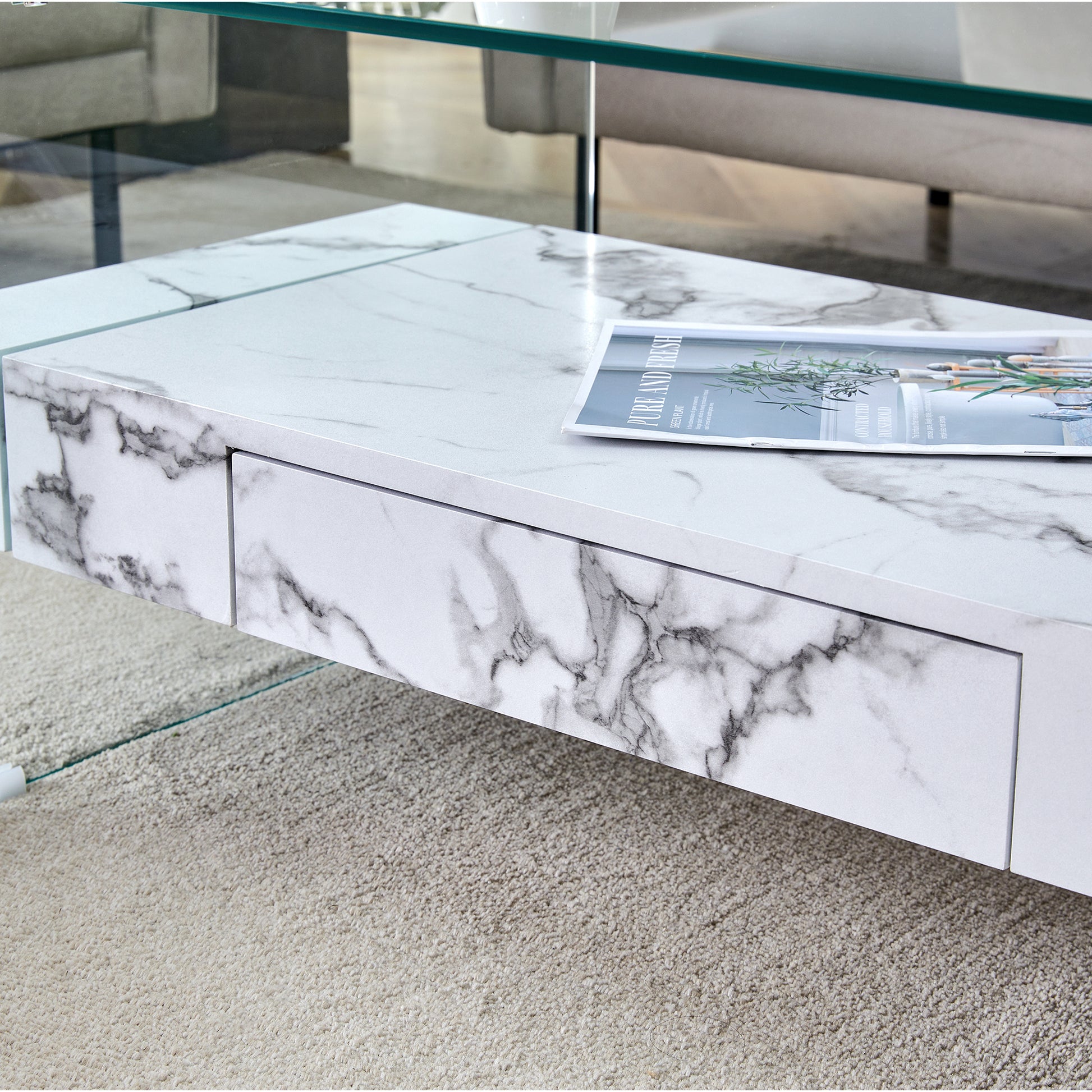 Modern marble coffee table with floating drawer design