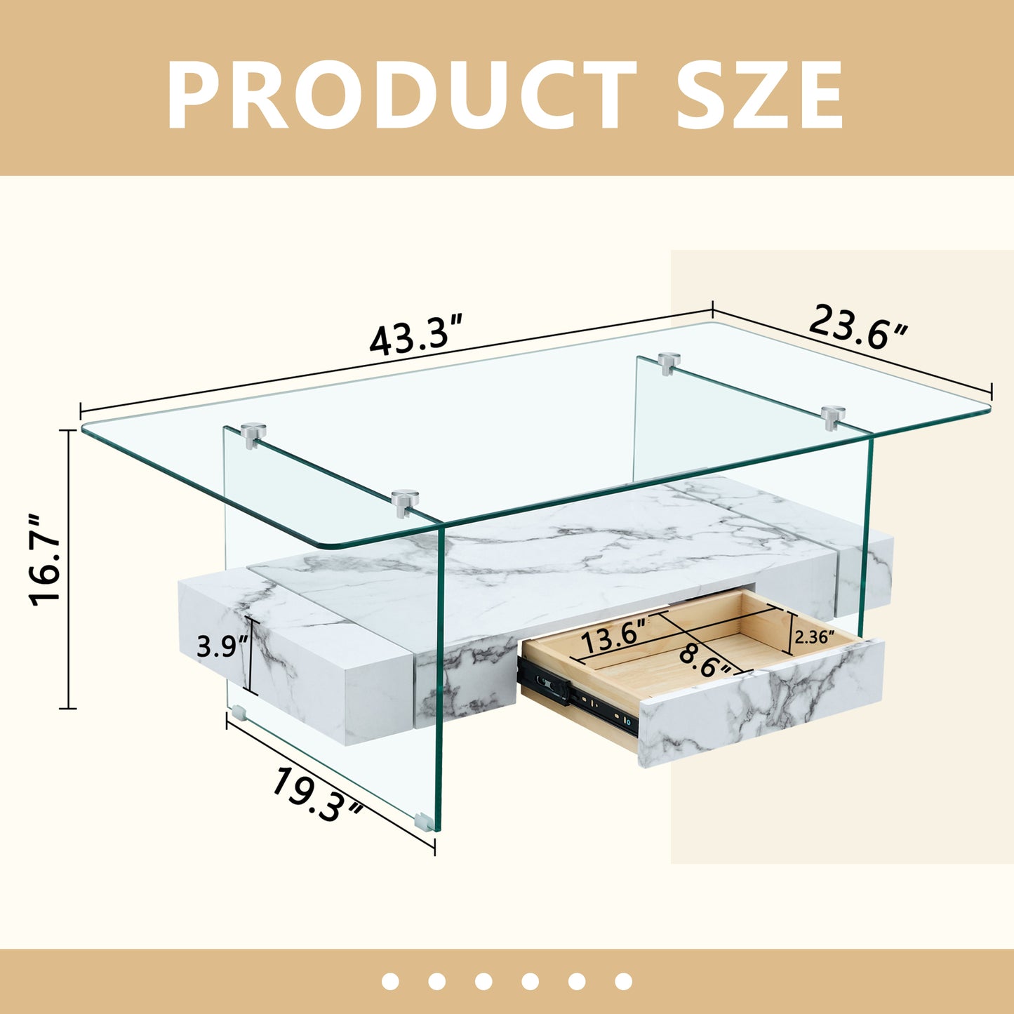 Modern glass coffee table with white marble drawers  L x  W x  H