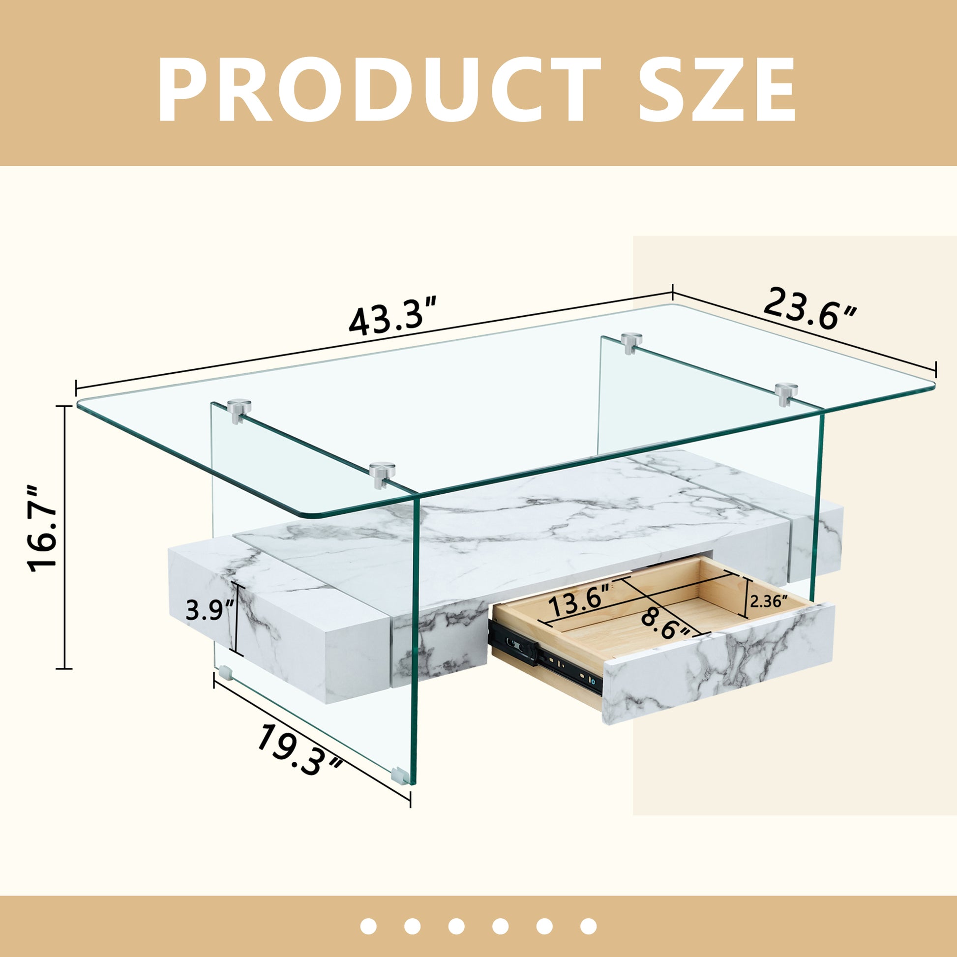 Modern glass coffee table with white marble drawers  L x  W x  H