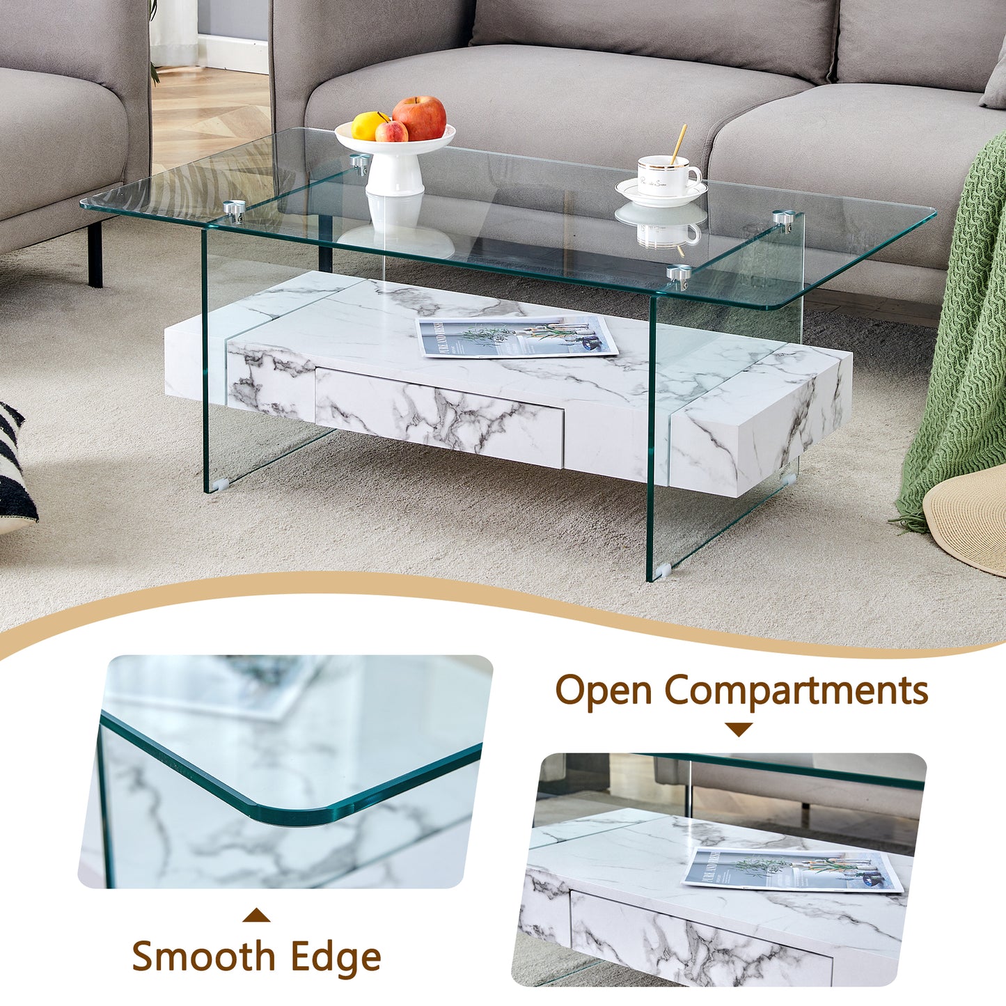 Modern glass coffee table with marblelook drawer