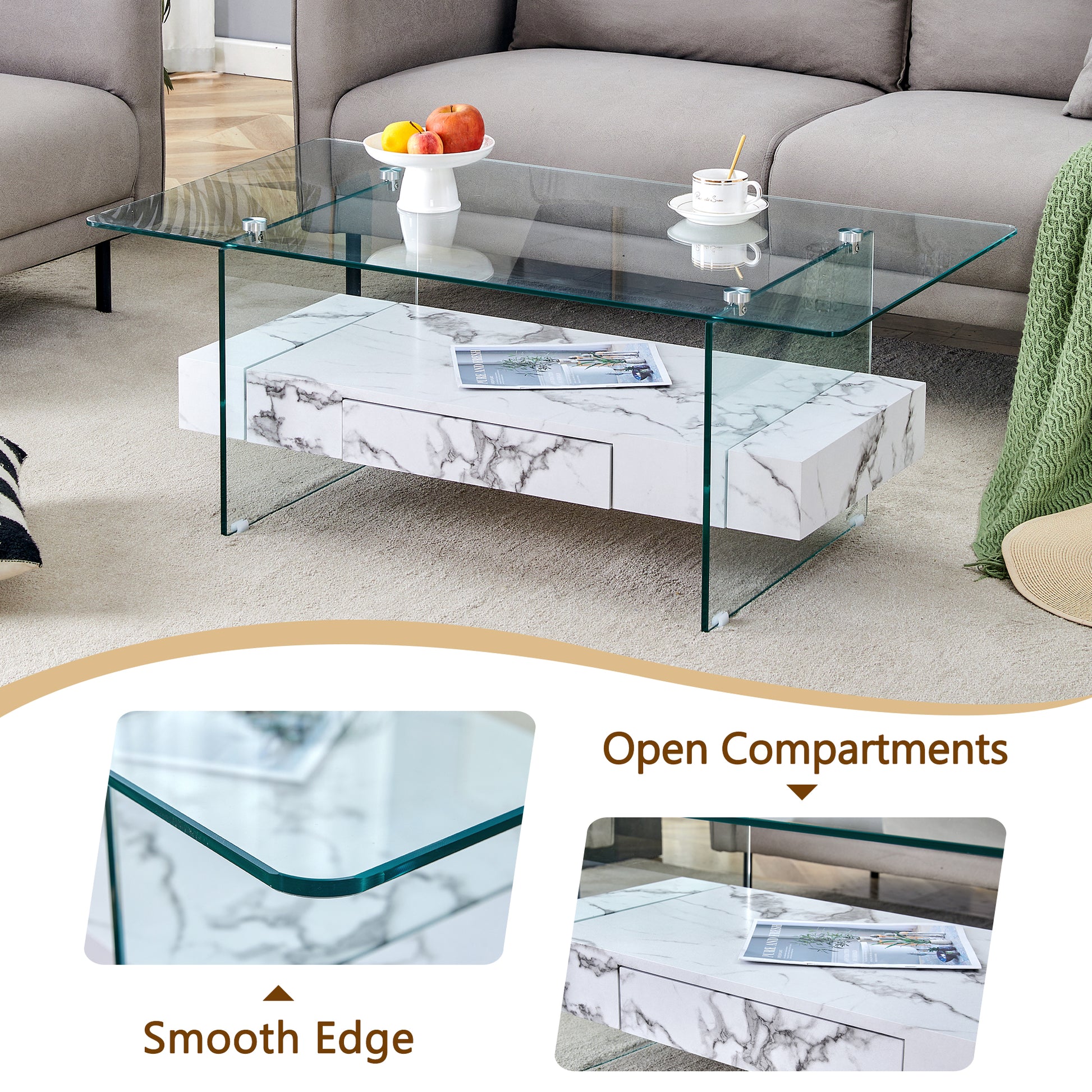 Modern glass coffee table with marblelook drawer