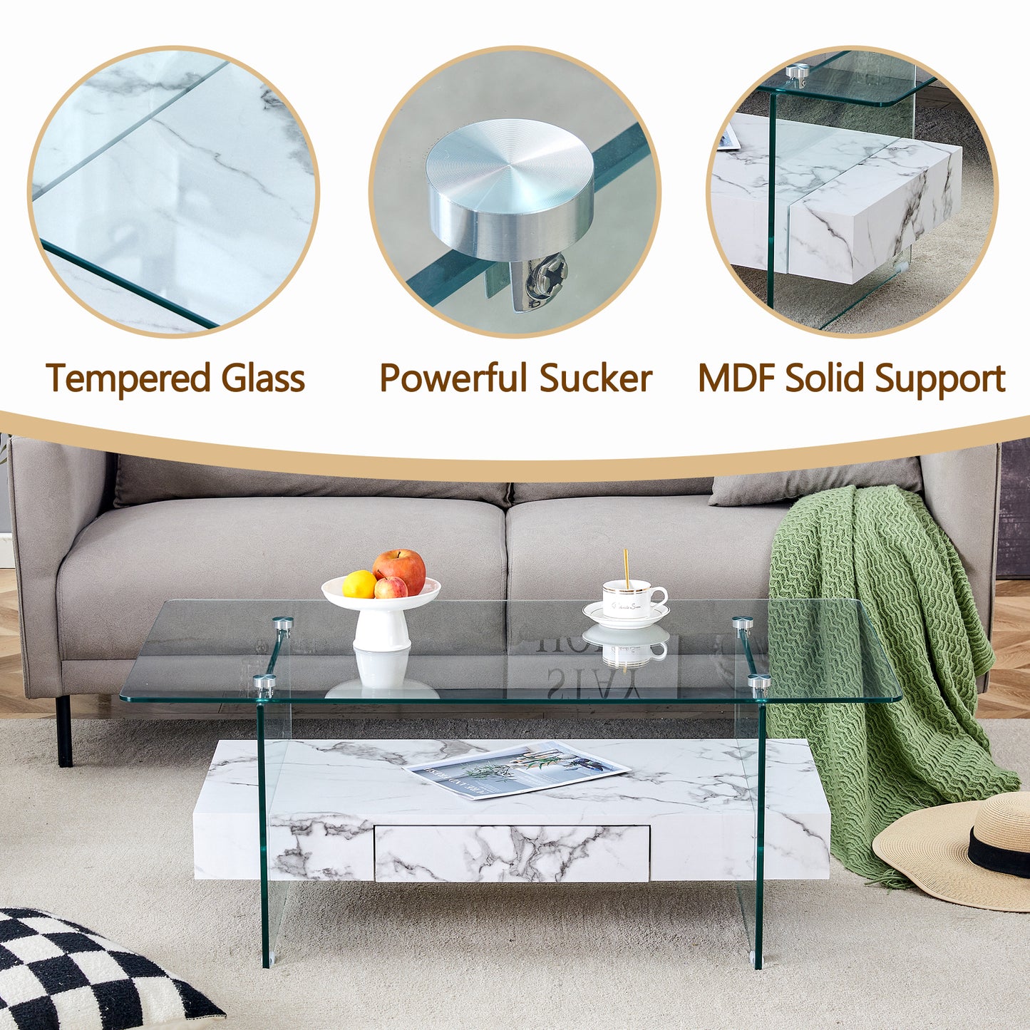Modern glass coffee table with marble print drawer