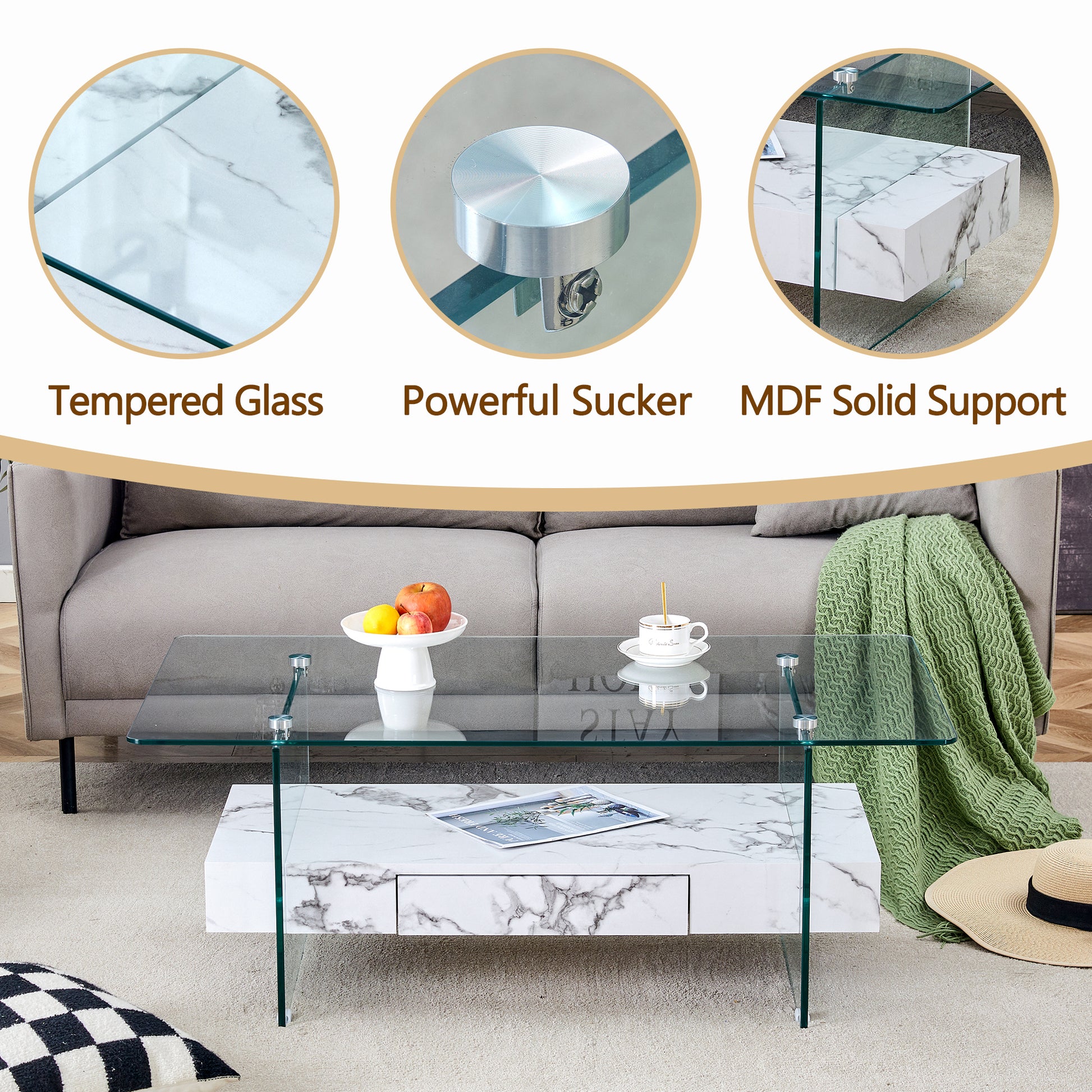 Modern glass coffee table with marble print drawer