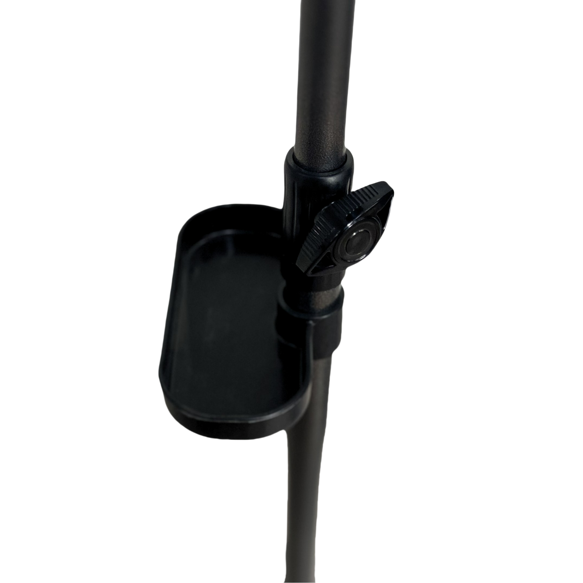 Black metal adjustable microphone stand with attached tray