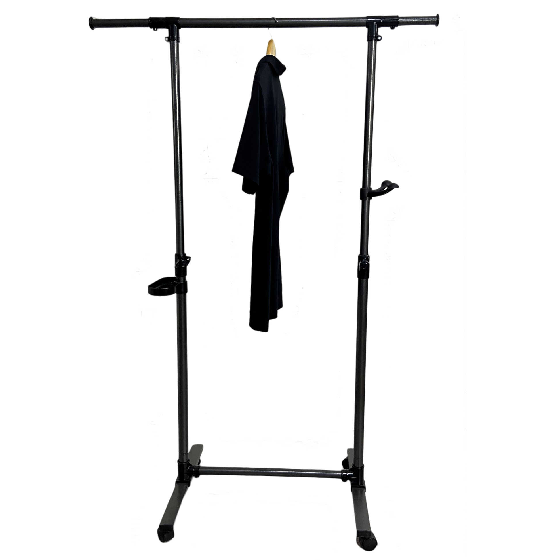 Black garment on a rolling garment rack with adjustable height ideal for retail display or home organization