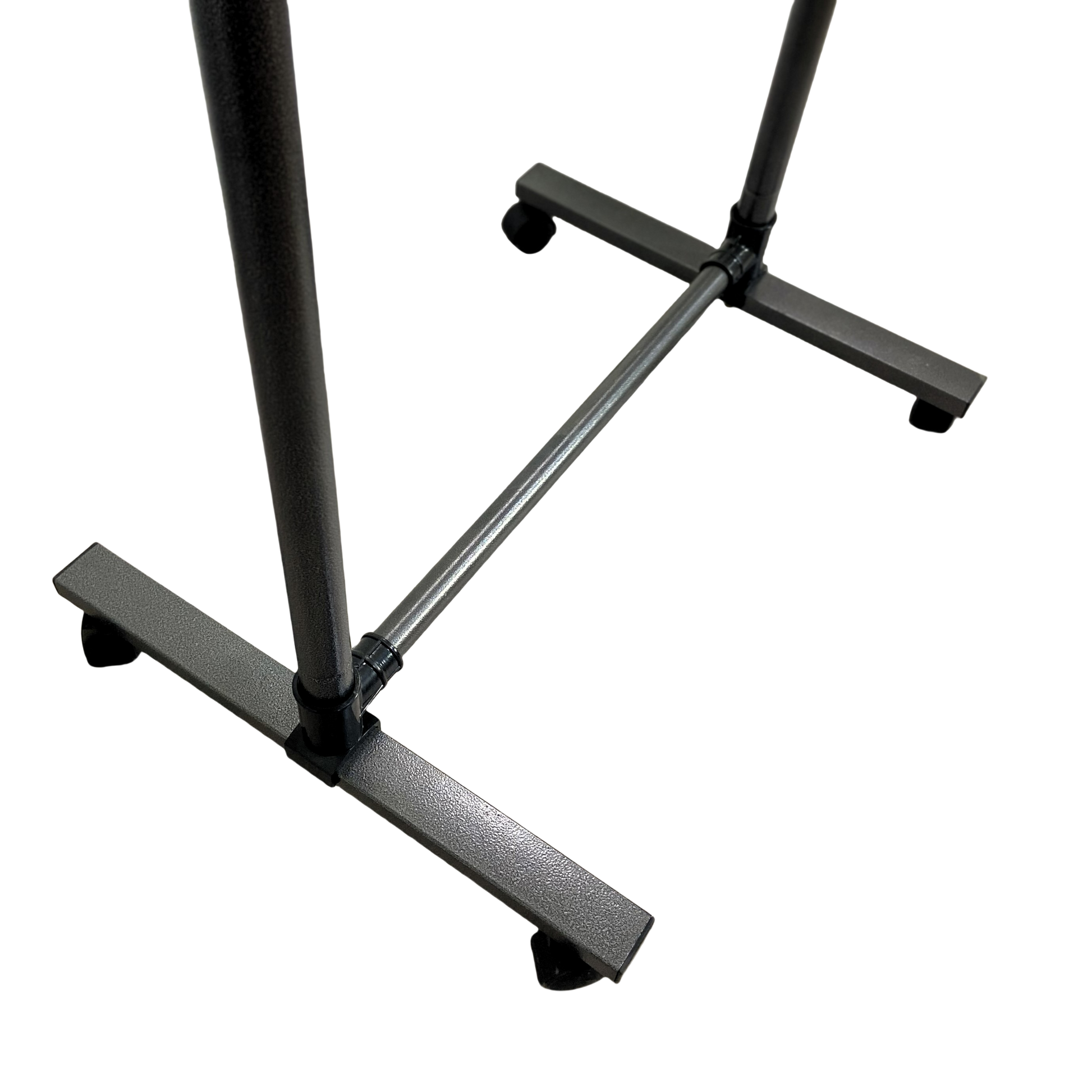 Black metal garment rack base with four wheeled feet
