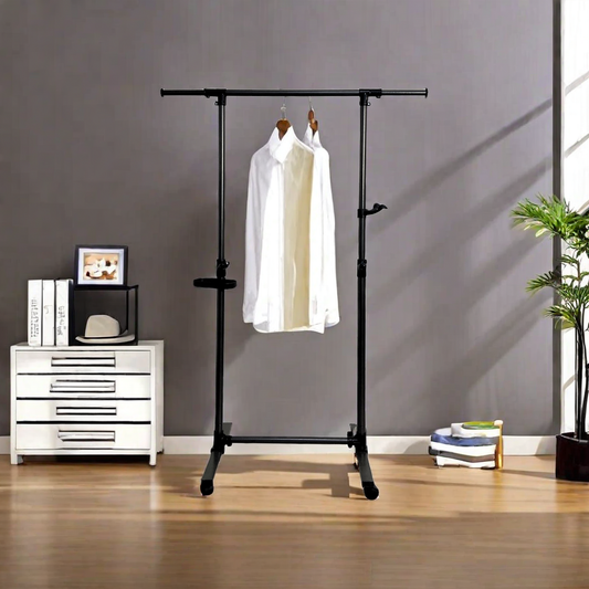Black metal garment rack with adjustable height