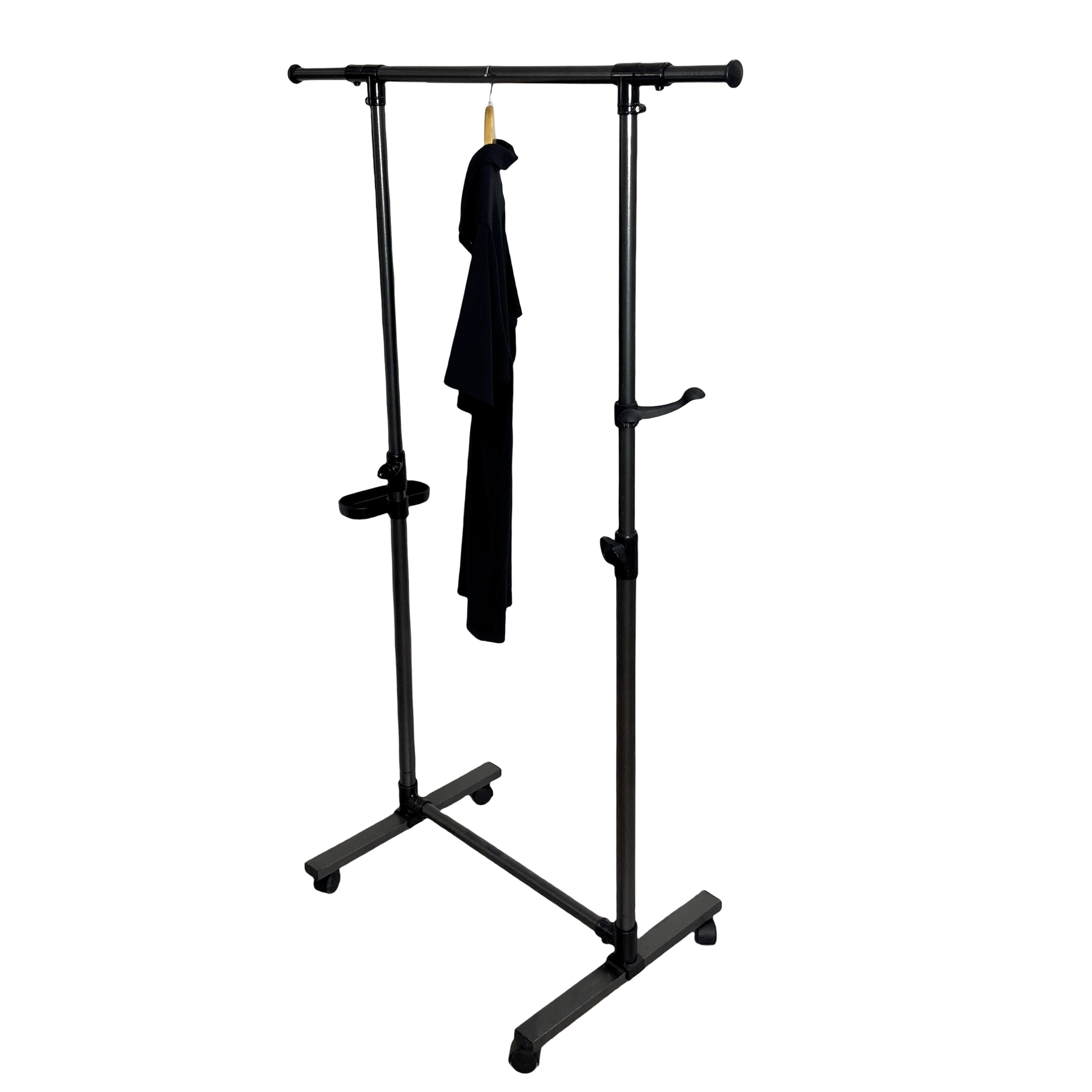 Adjustable black metal garment rack with wheels and a single garment hanging