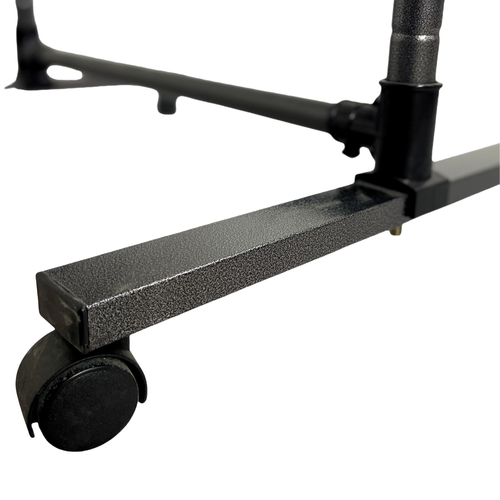Heavy duty metal garment rack leg with a black wheel