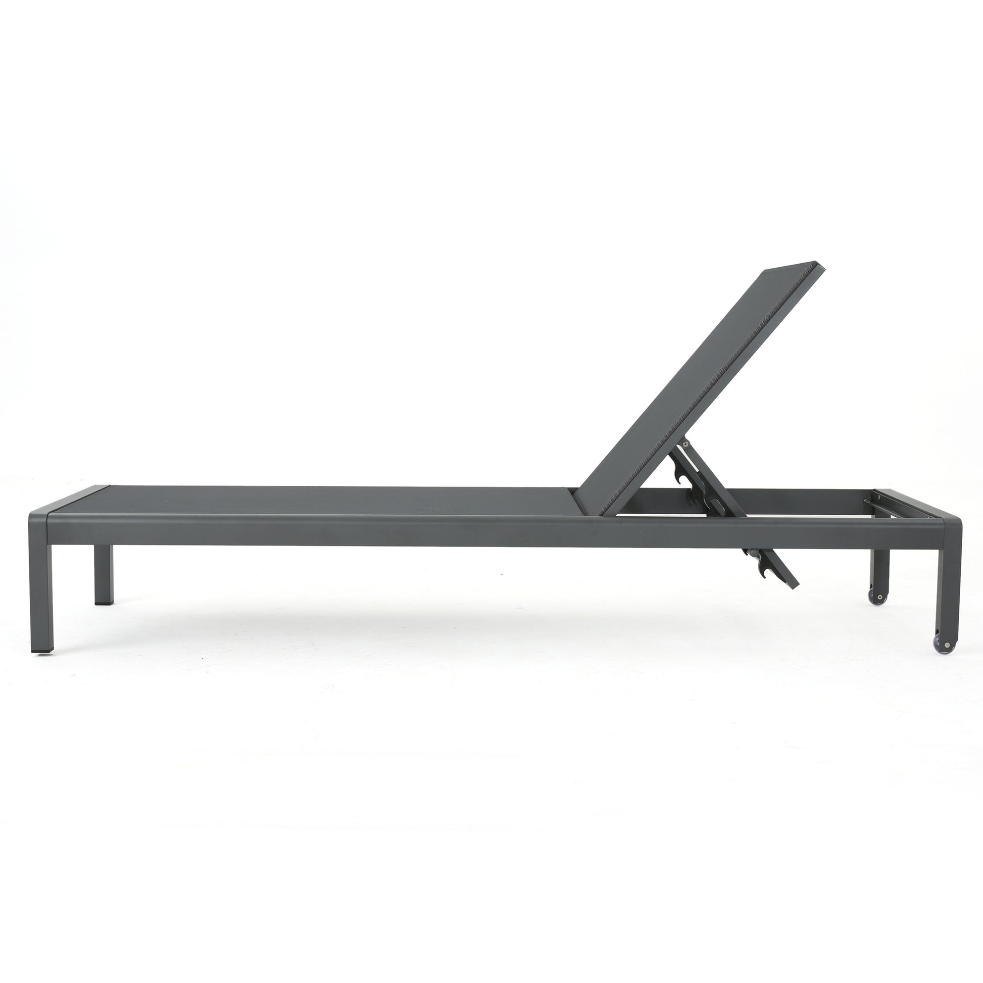 Grey aluminum chaise lounge with adjustable backrest and wheels