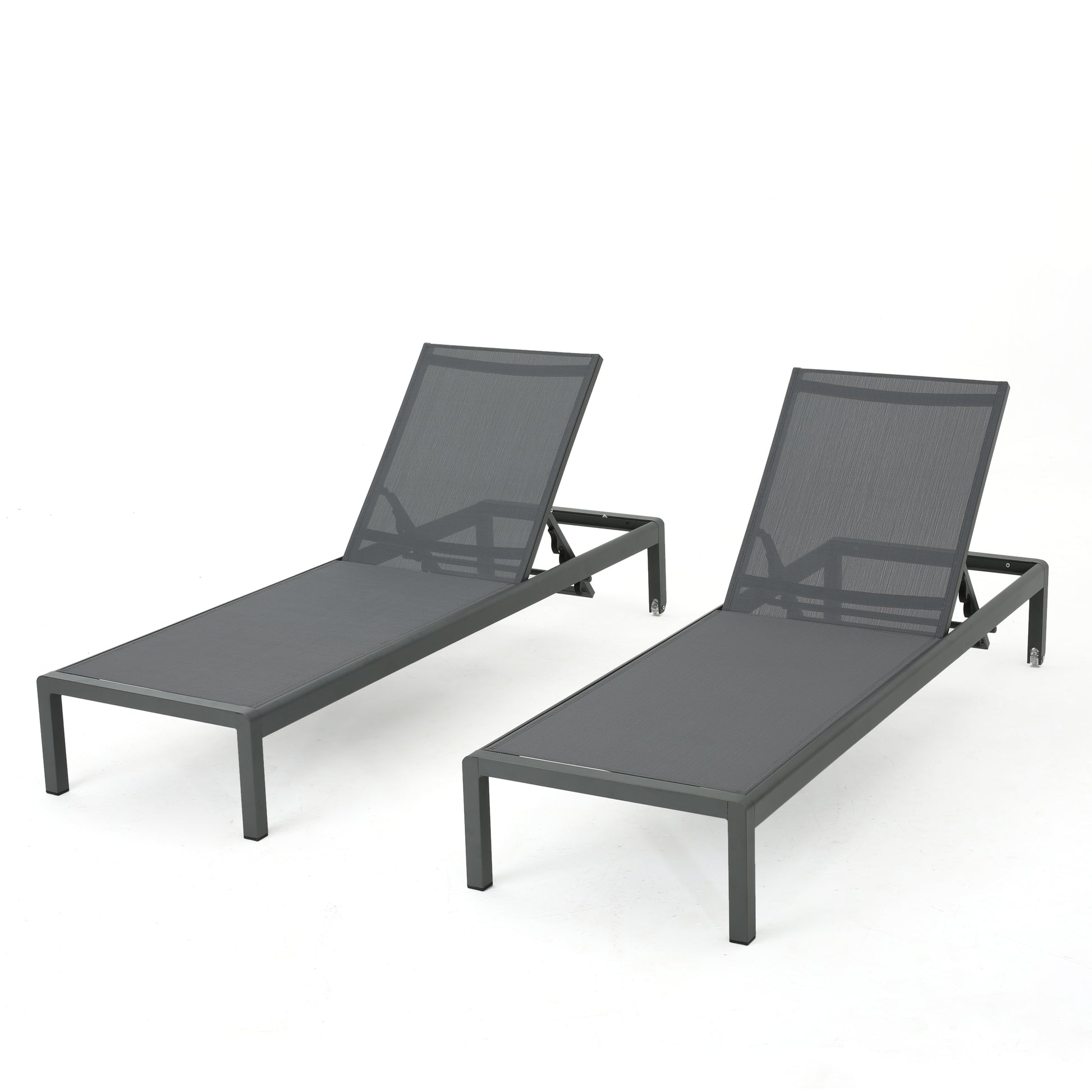 Set of two gray mesh and metal outdoor chaise lounge chairs with adjustable backs