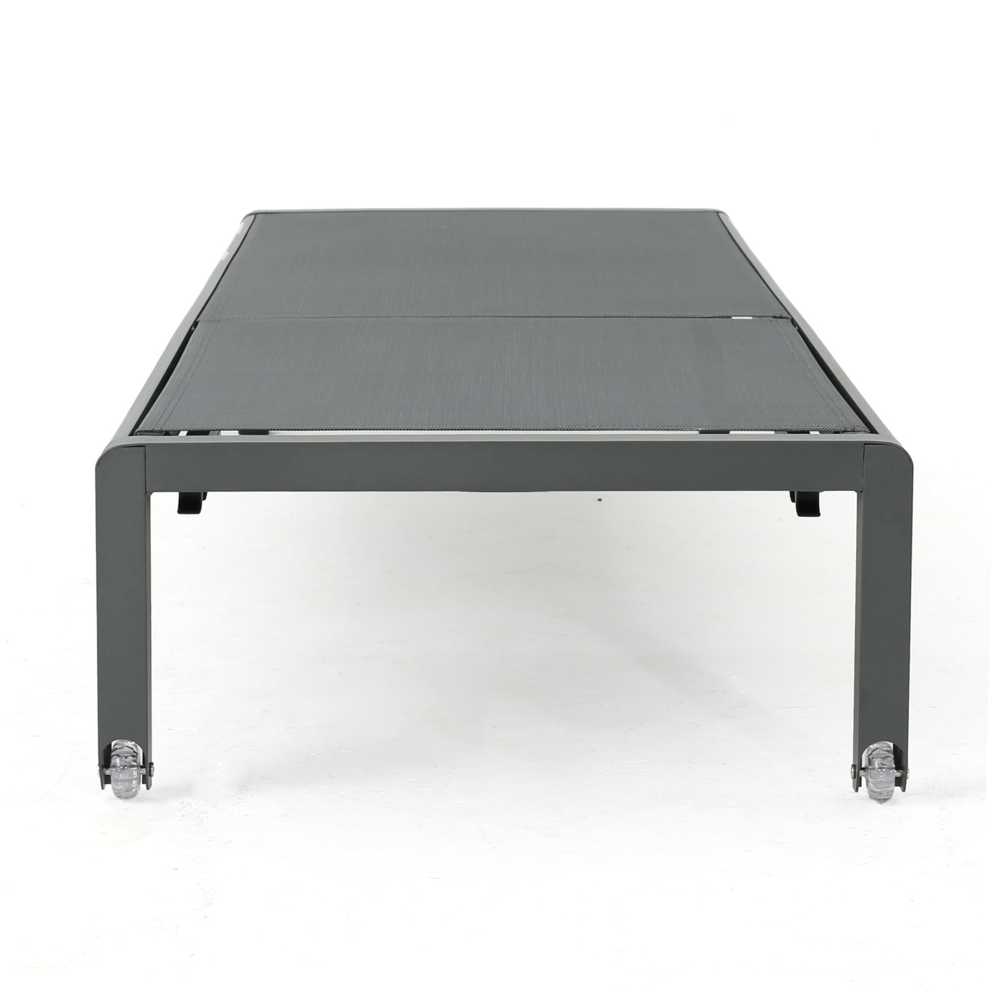 Gray aluminum outdoor lounge chair with wheeled legs