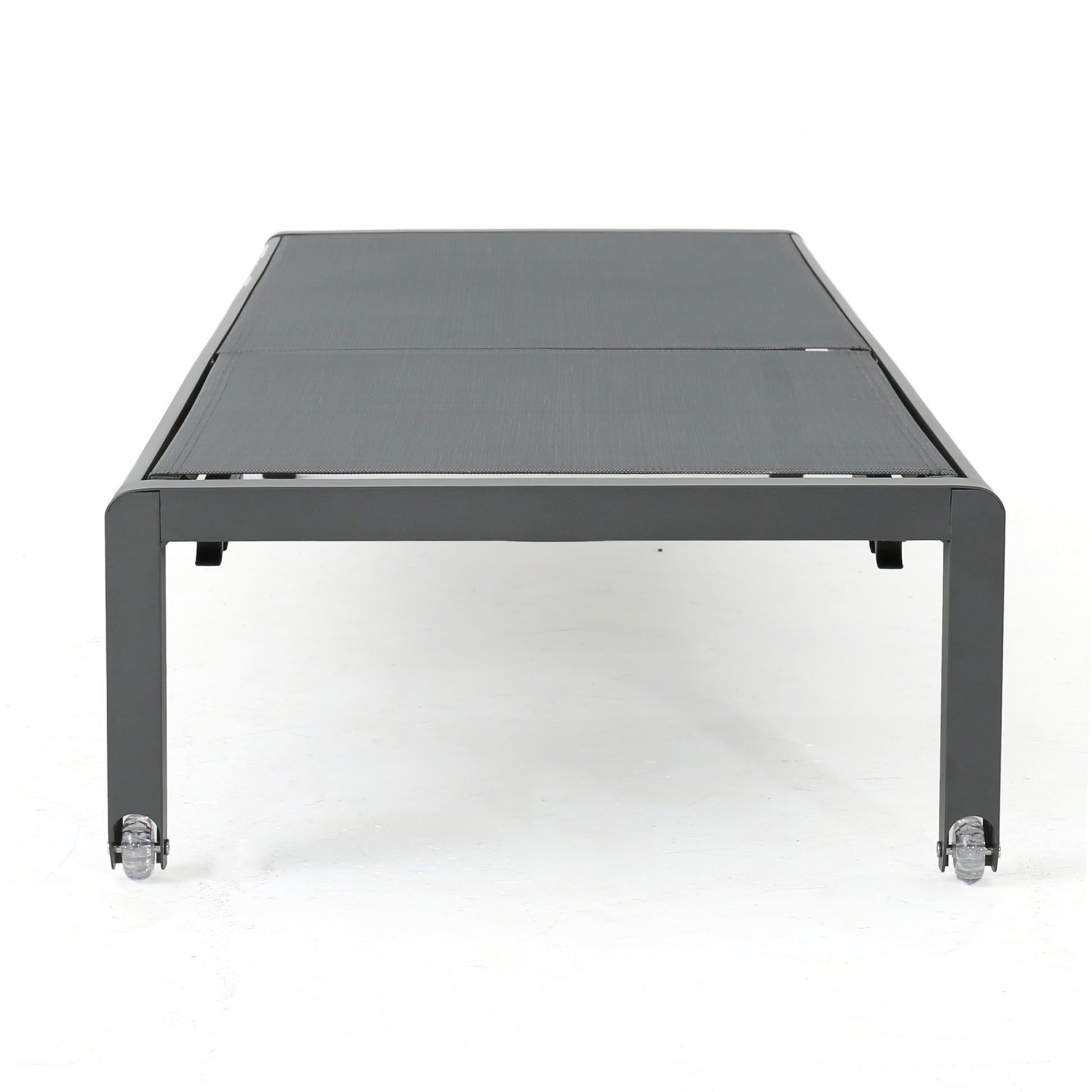 Gray aluminum outdoor lounge chair with wheeled legs