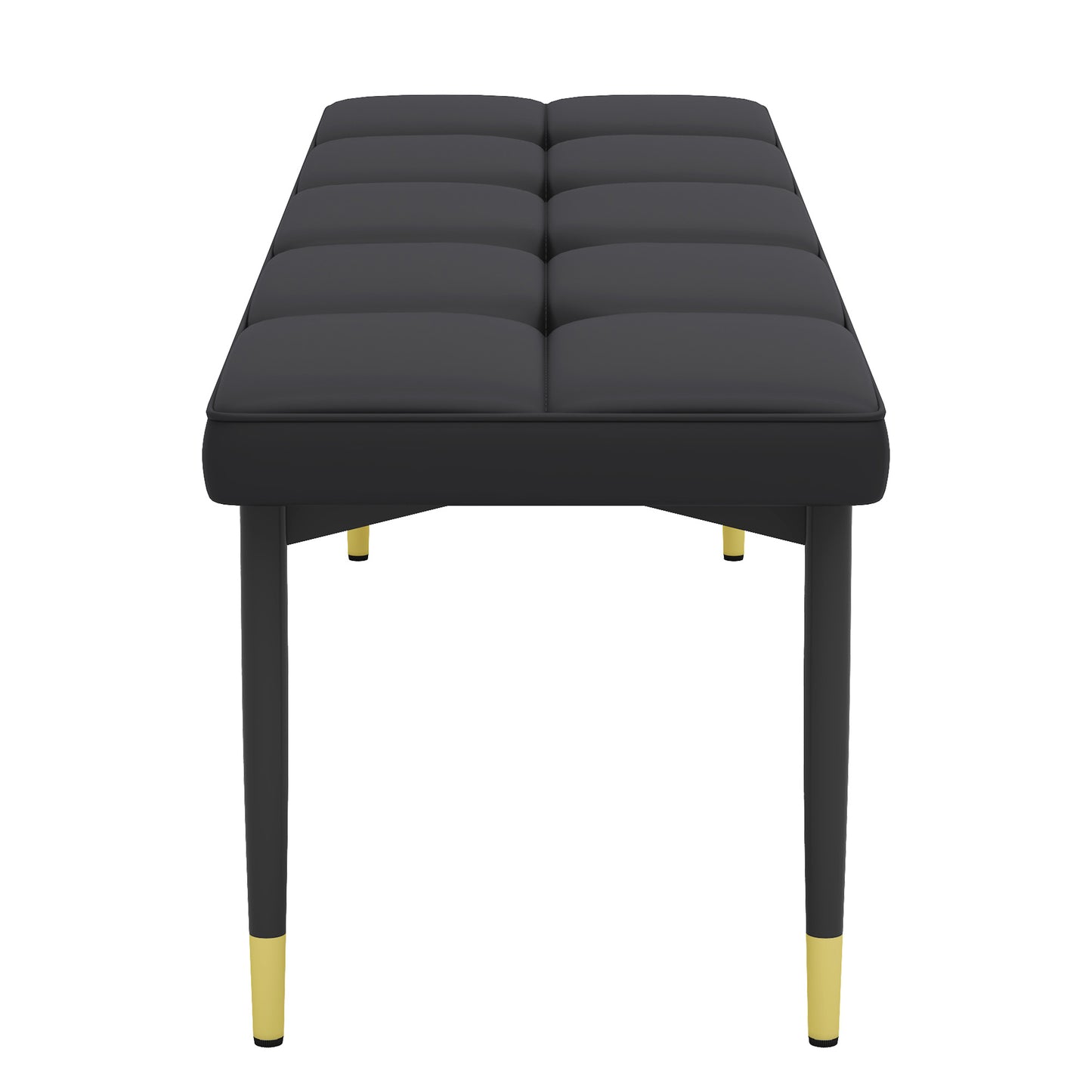Tufted black faux leather bench with goldtipped legs