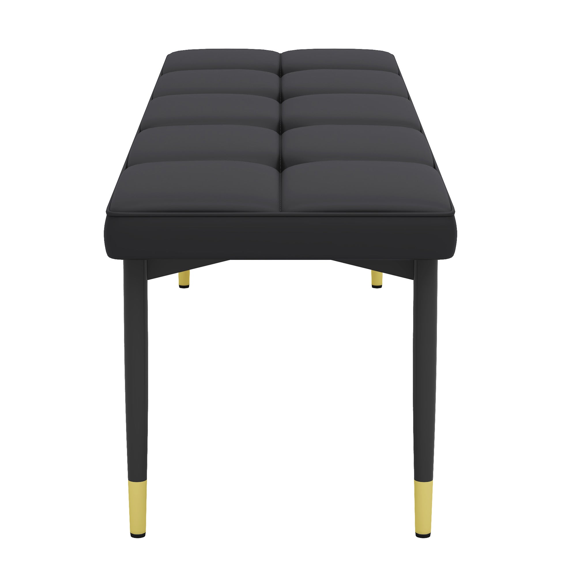 Tufted black faux leather bench with goldtipped legs