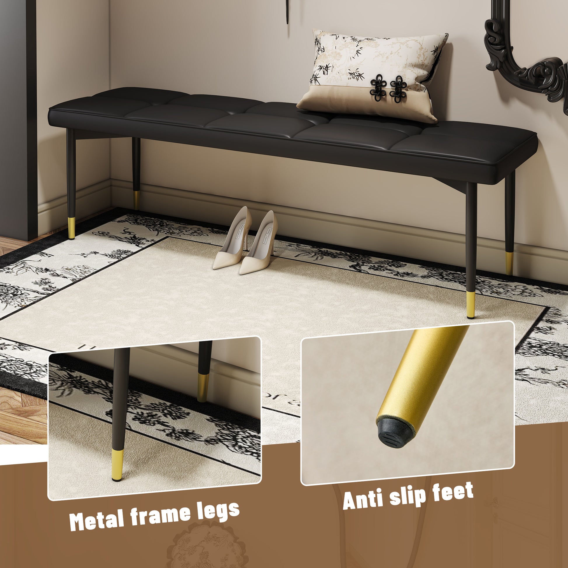 Tufted black faux leather entryway bench with goldtipped black metal legs