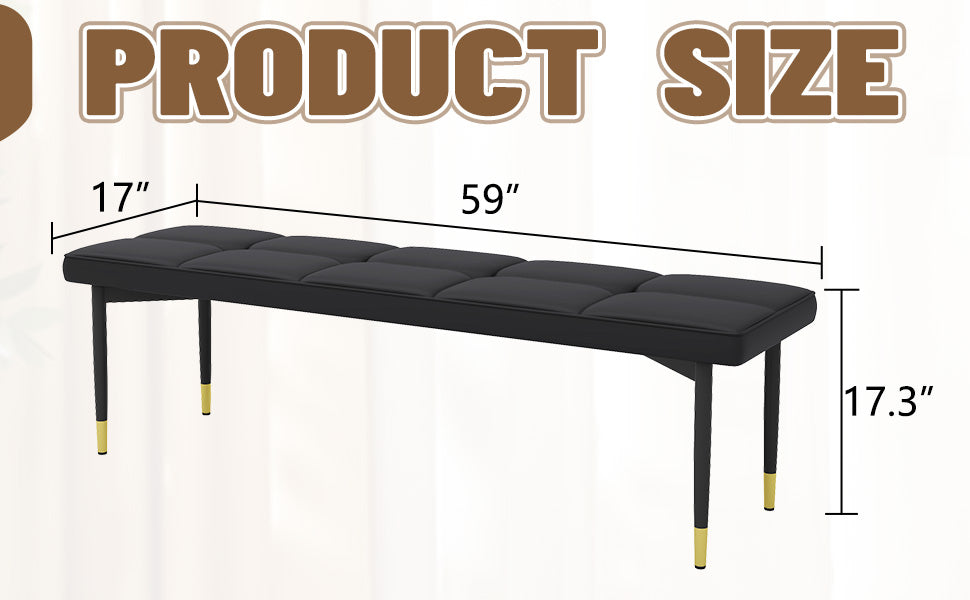 Tufted black faux leather bench with goldtipped black legs