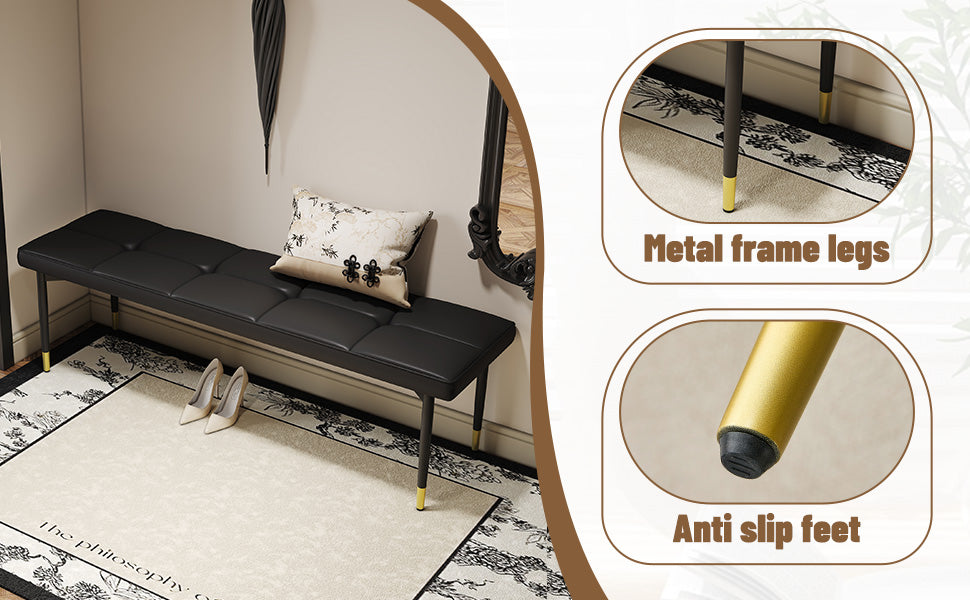 Black faux leather tufted bench with metal frame legs
