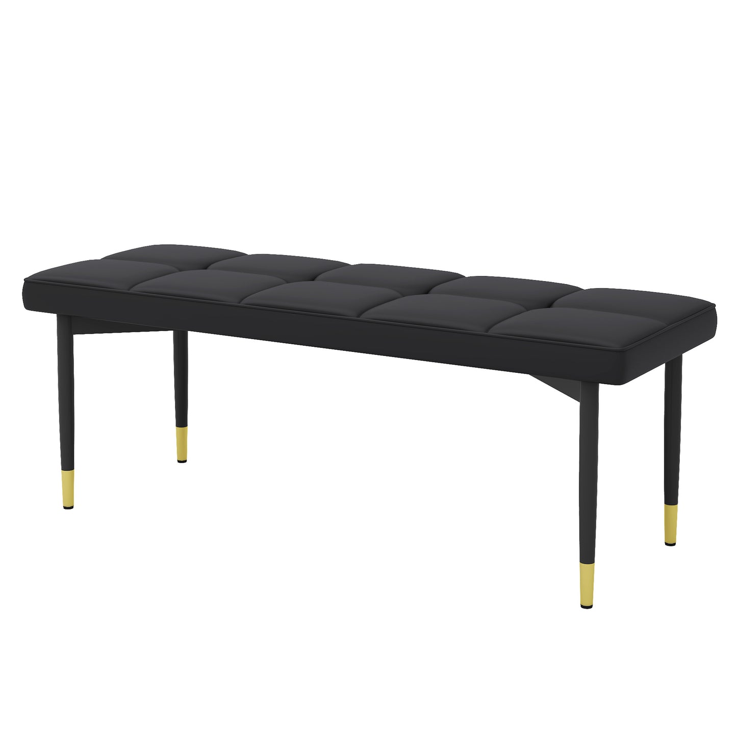 Black tufted vegan leather bench with goldtipped black legs