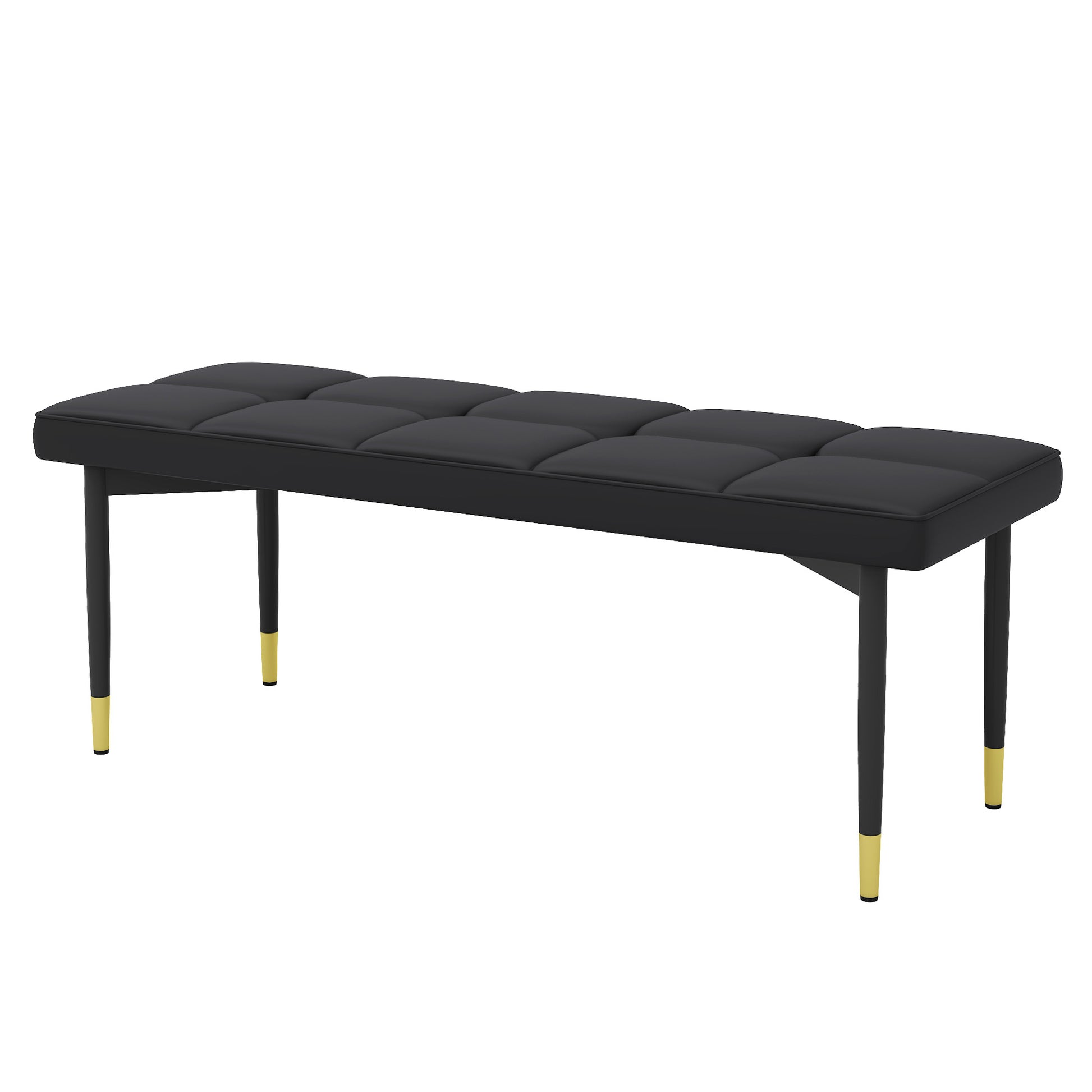 Black tufted vegan leather bench with goldtipped black legs