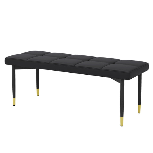 Black tufted vegan leather bench with goldtipped black legs