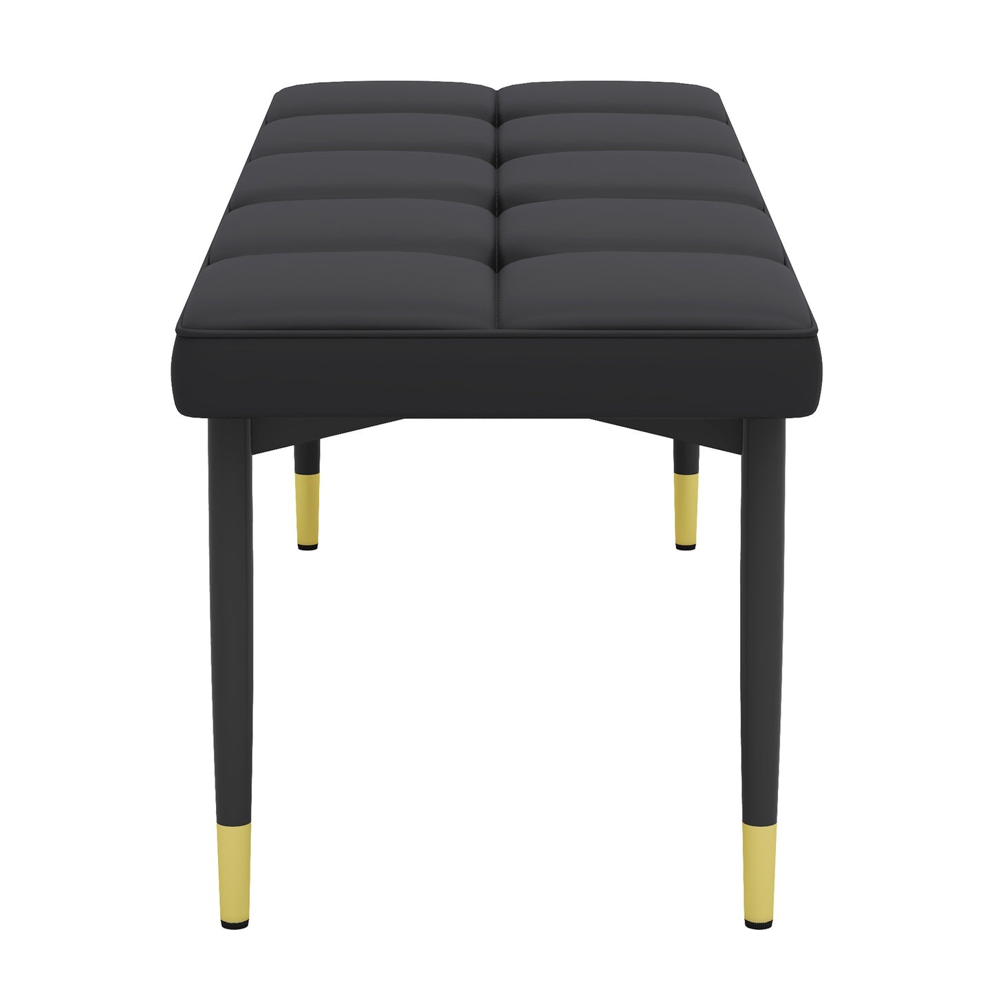 Tufted charcoal vegan leather bench with goldtipped black legs