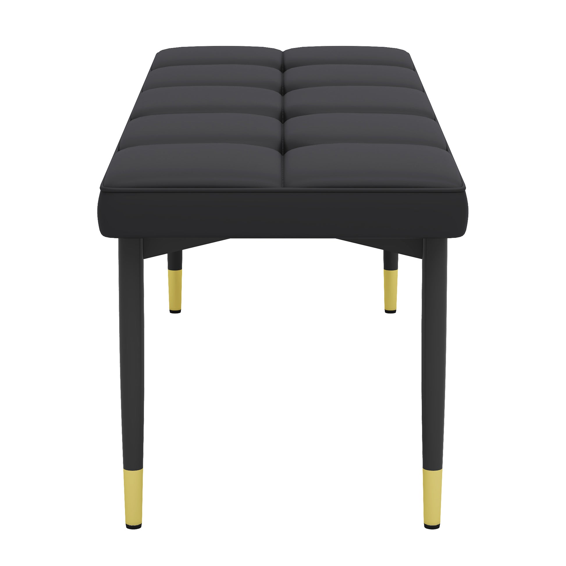 Tufted charcoal vegan leather bench with goldtipped black legs
