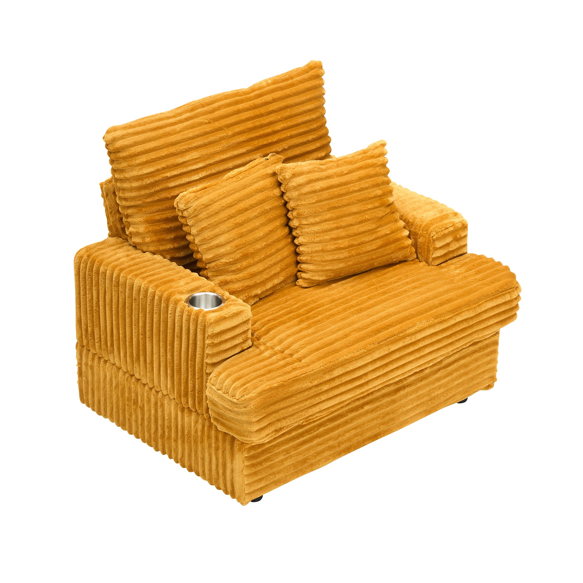 Mustard yellow corduroy accent chair with plush cushions and builtin cup holder