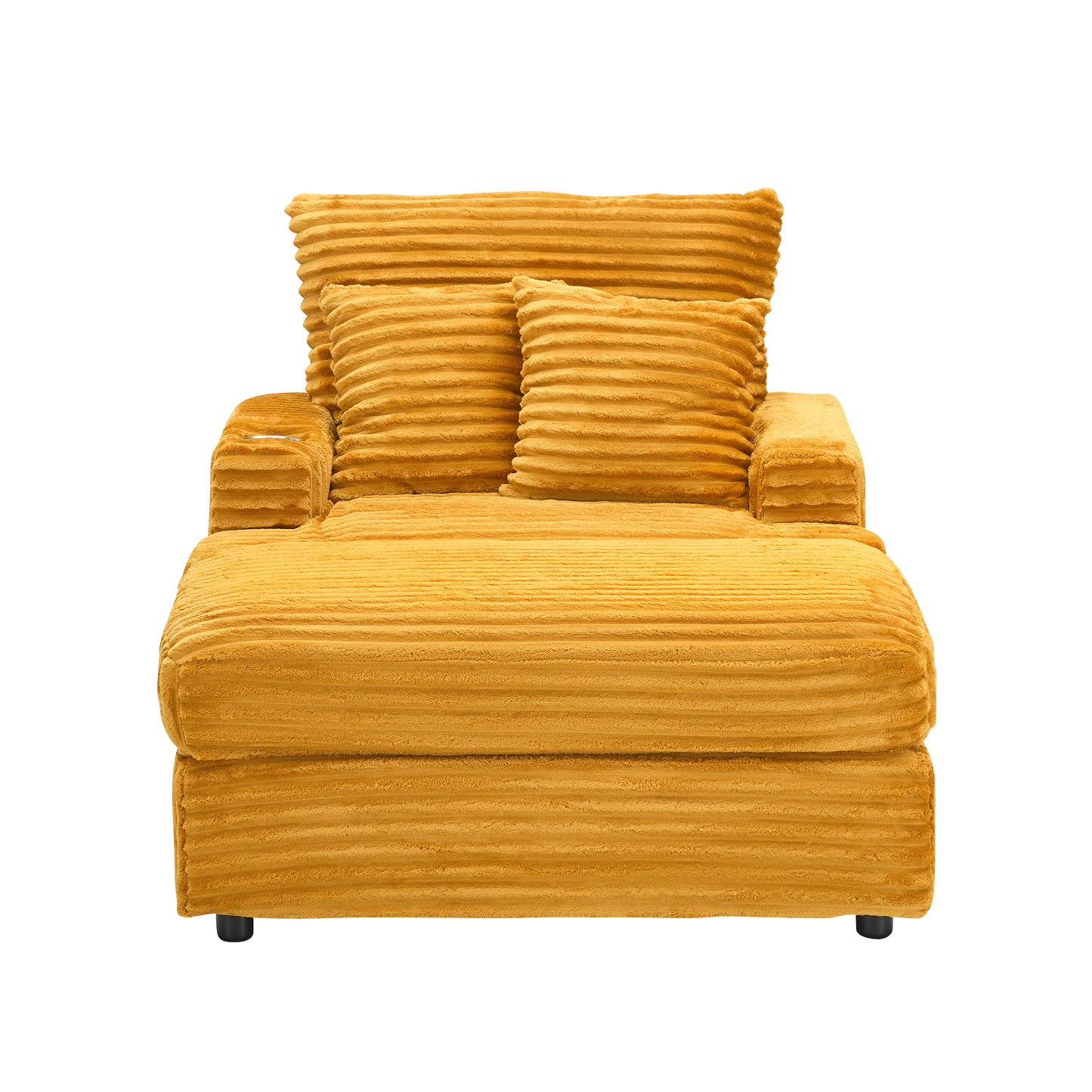 Mustard corduroy chaise lounge with two throw pillows
