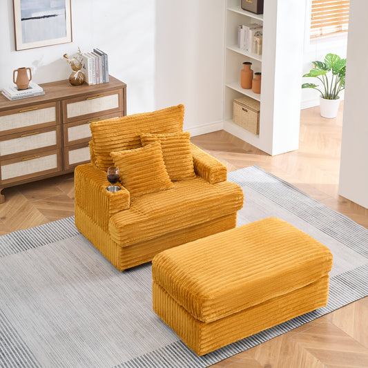 Yellow corduroy armchair with ottoman and integrated cup holder