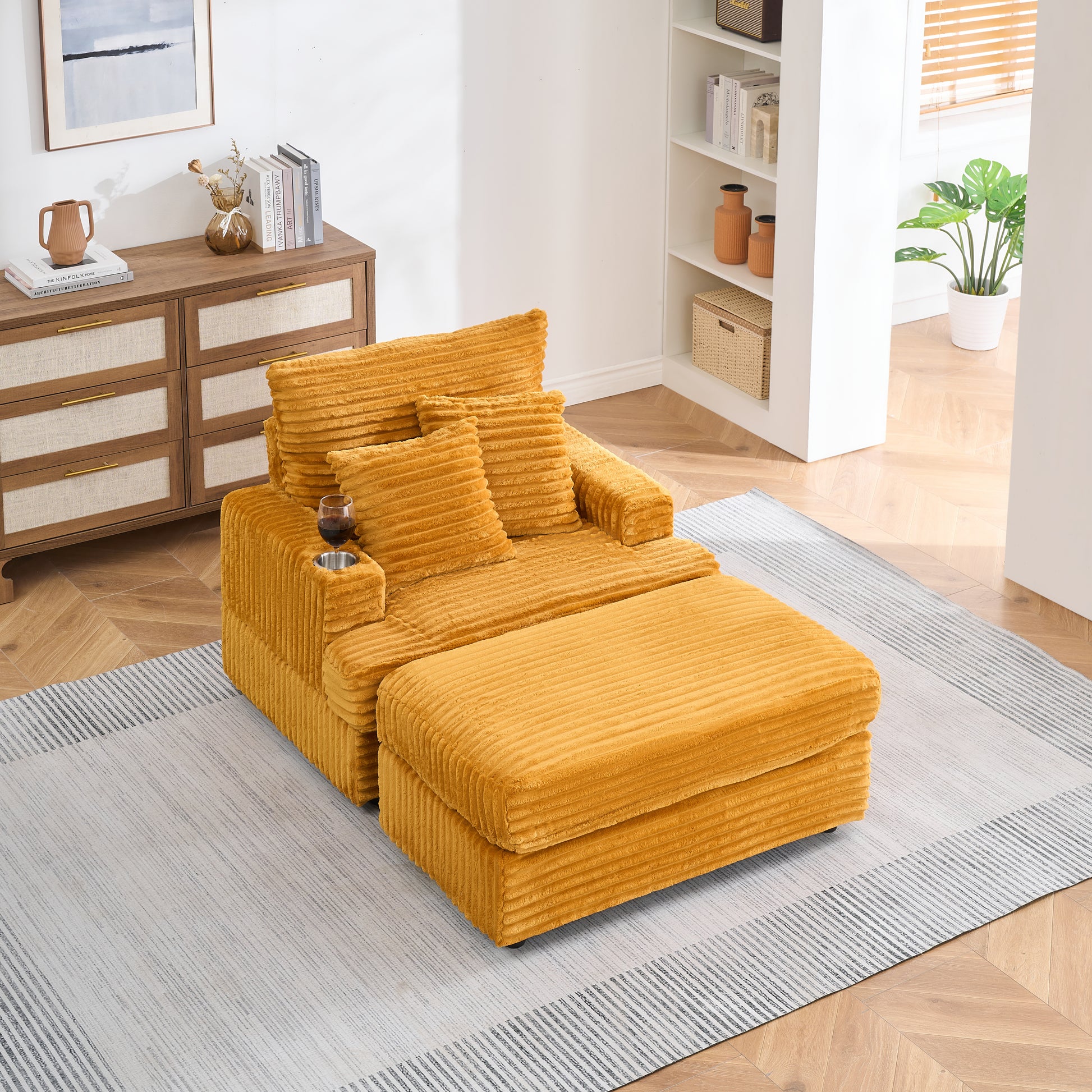 Plush mustard corduroy armchair with ottoman and cup holder