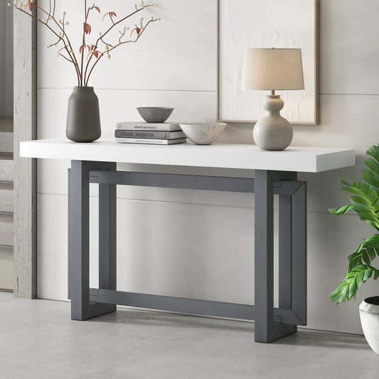 Modern white top console table with dark grey geometric metal legs
