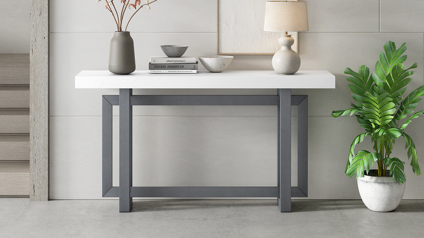 White top console table with dark grey metal frame