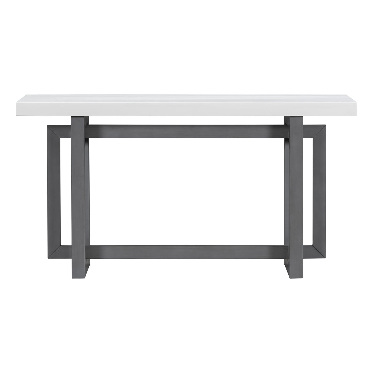 Sleek white marble top console table with dark gray metal frame  characters