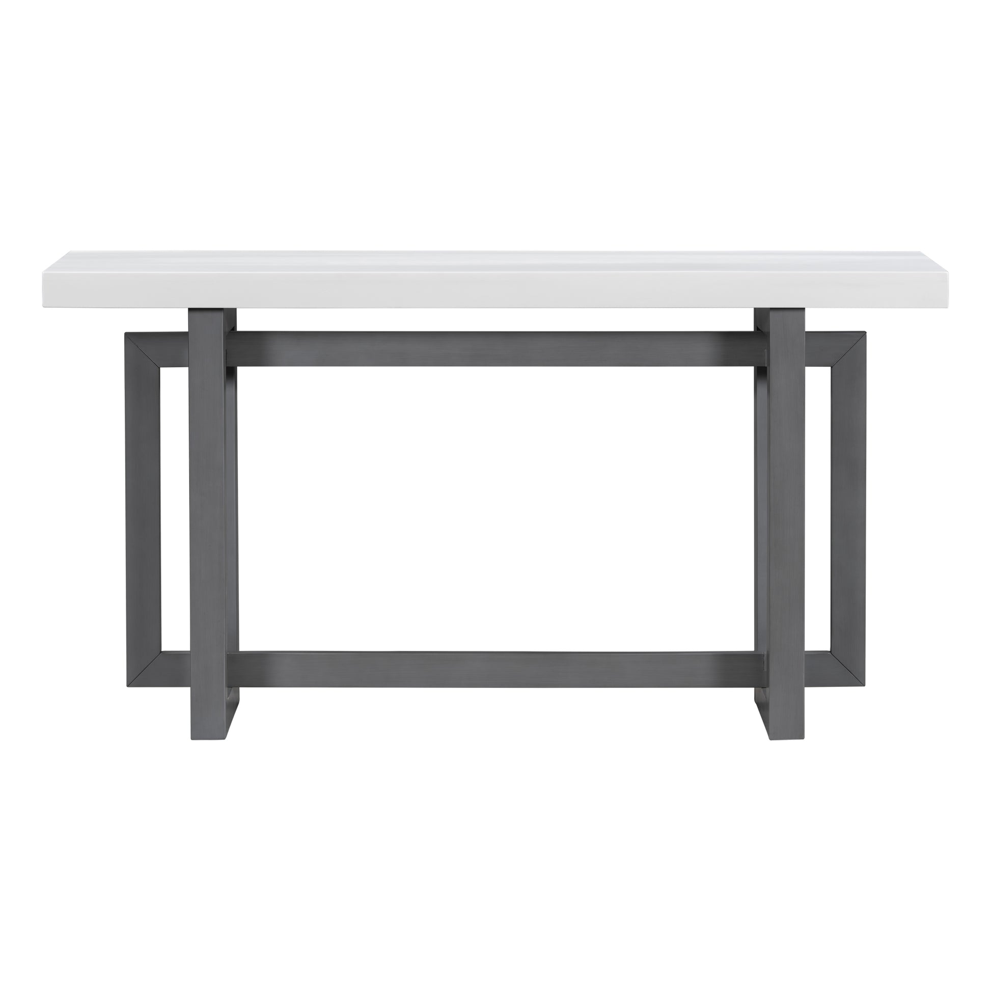 Sleek white marble top console table with dark gray metal frame  characters