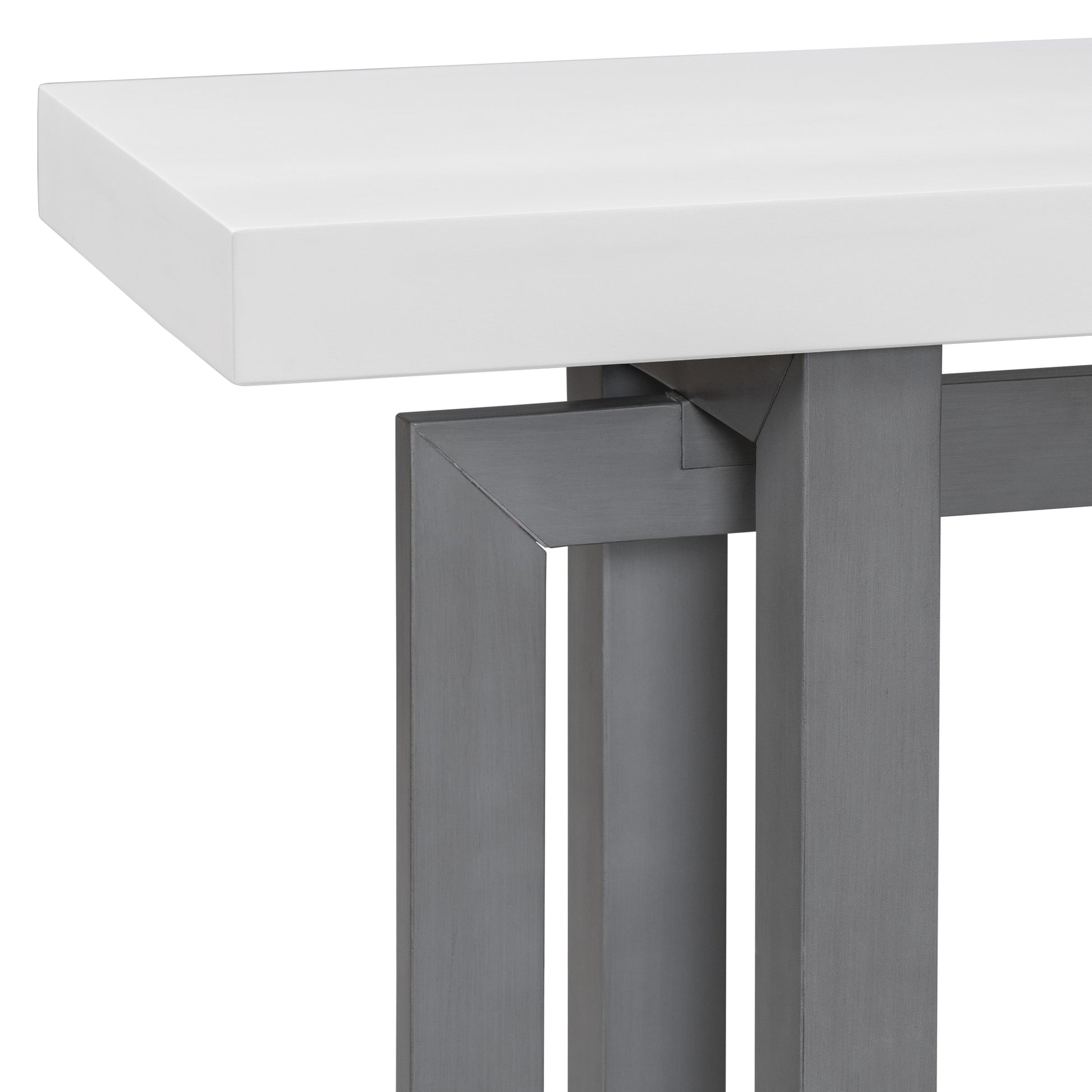 White highgloss tabletop with industrial gray metal frame console table