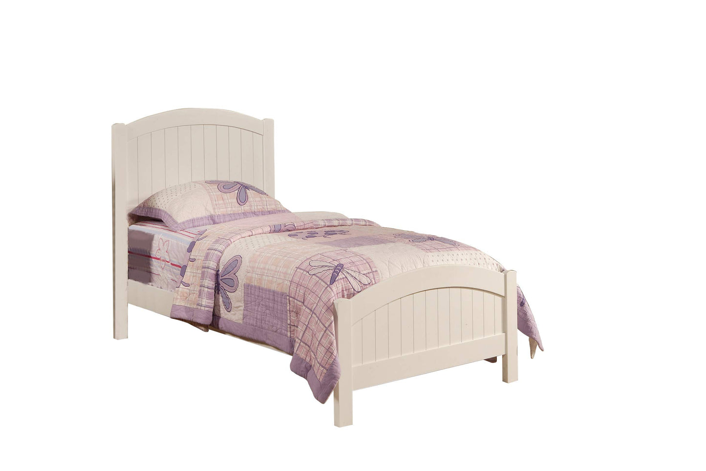 White wooden twin bed with arched headboard and dragonflypatterned bedding