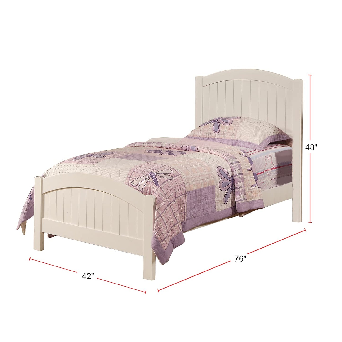 Cream arched panel twin bed frame with purple floral bedding