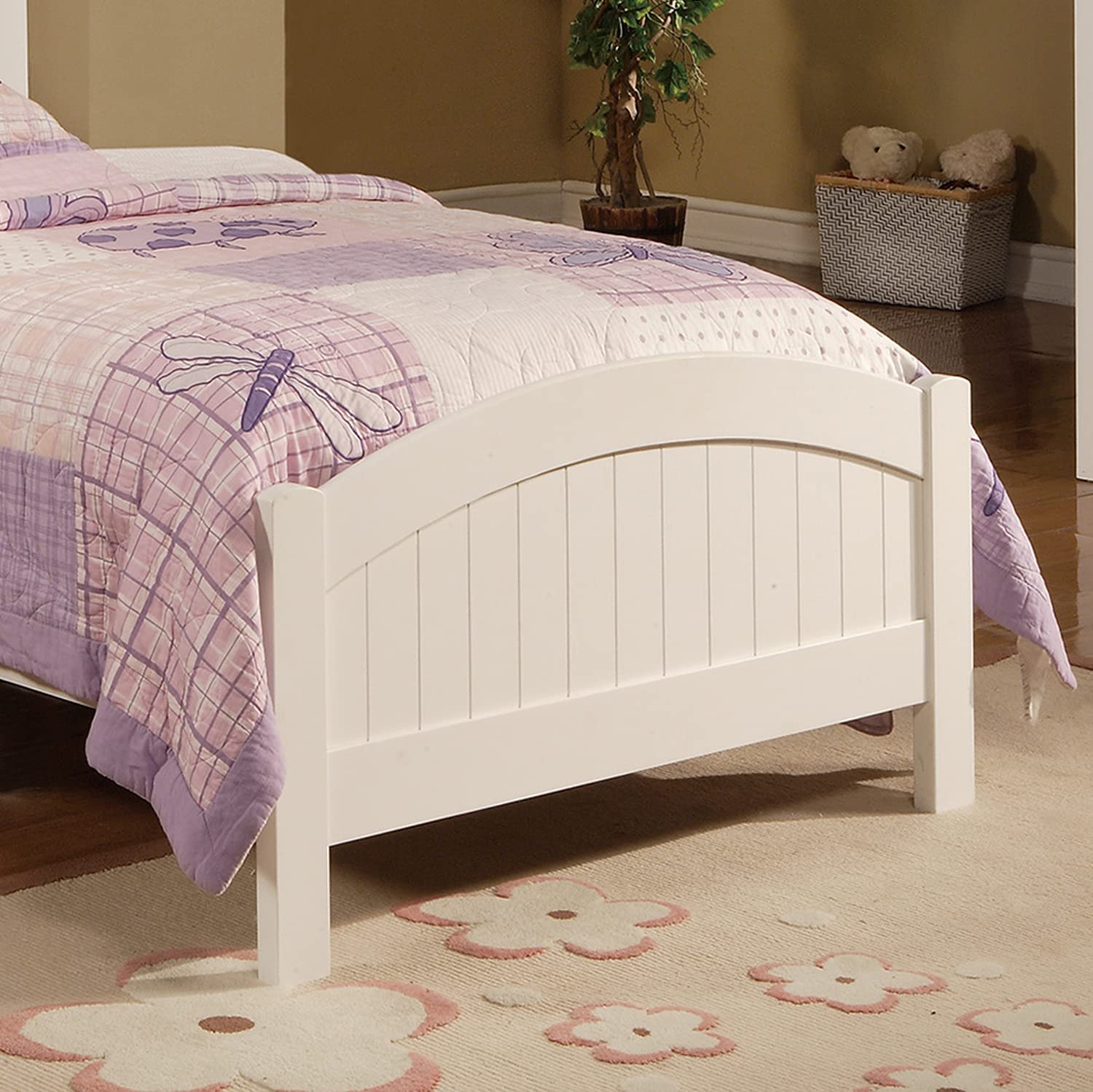 White wooden kids bed frame with arched headboard and dragonfly duvet