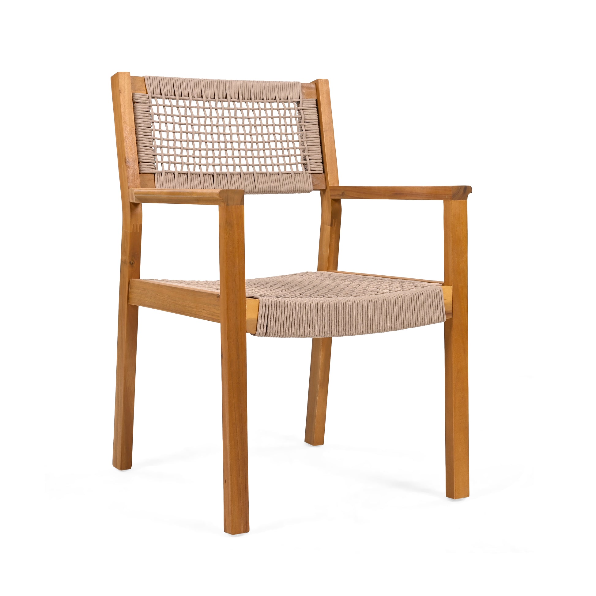 Natural wood dining chair with beige rope seat and back
