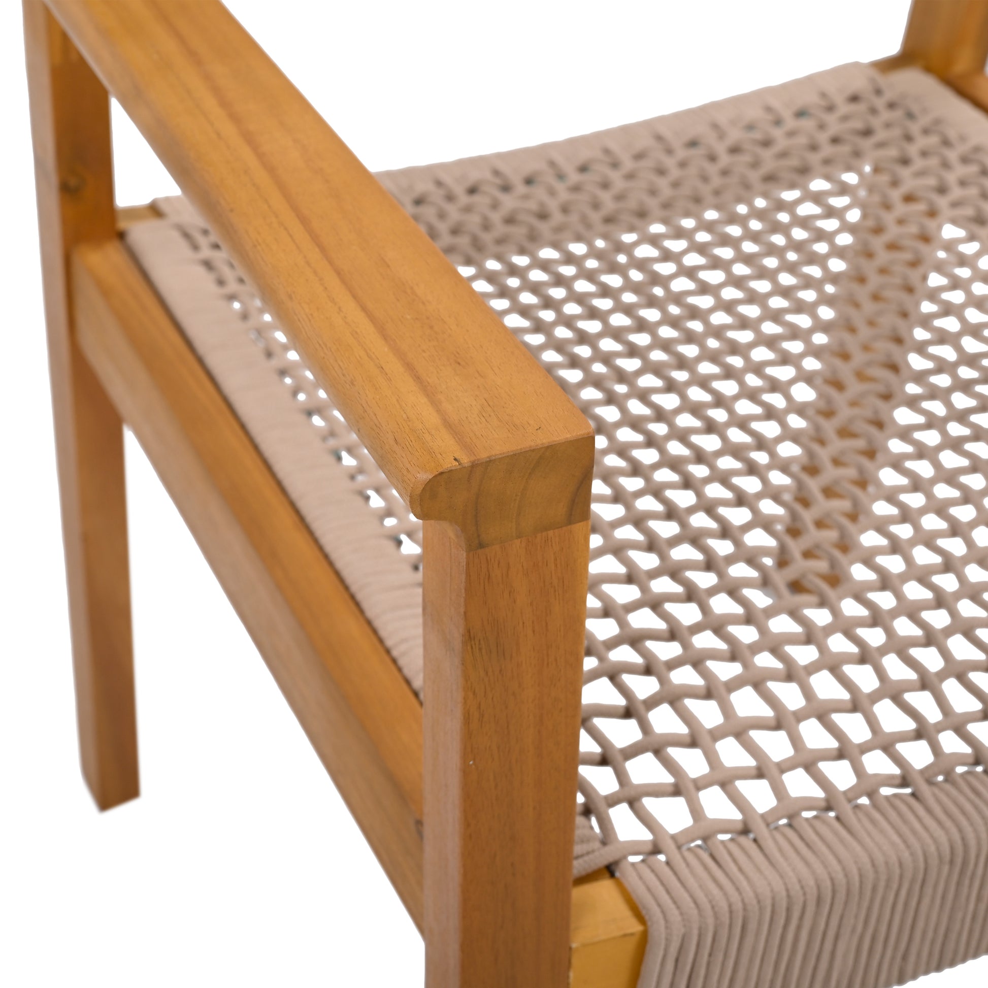 Closeup of a modern armchair with a light brown woven seat and light wood frame