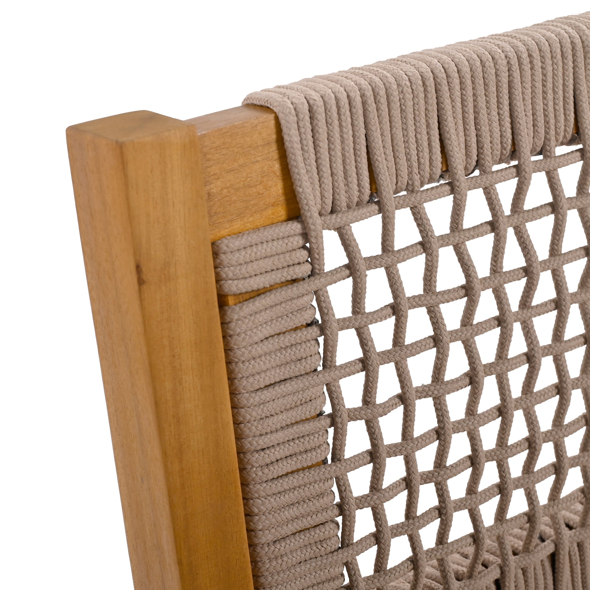 Closeup of a tan woven rope seat on a natural wood chair frame