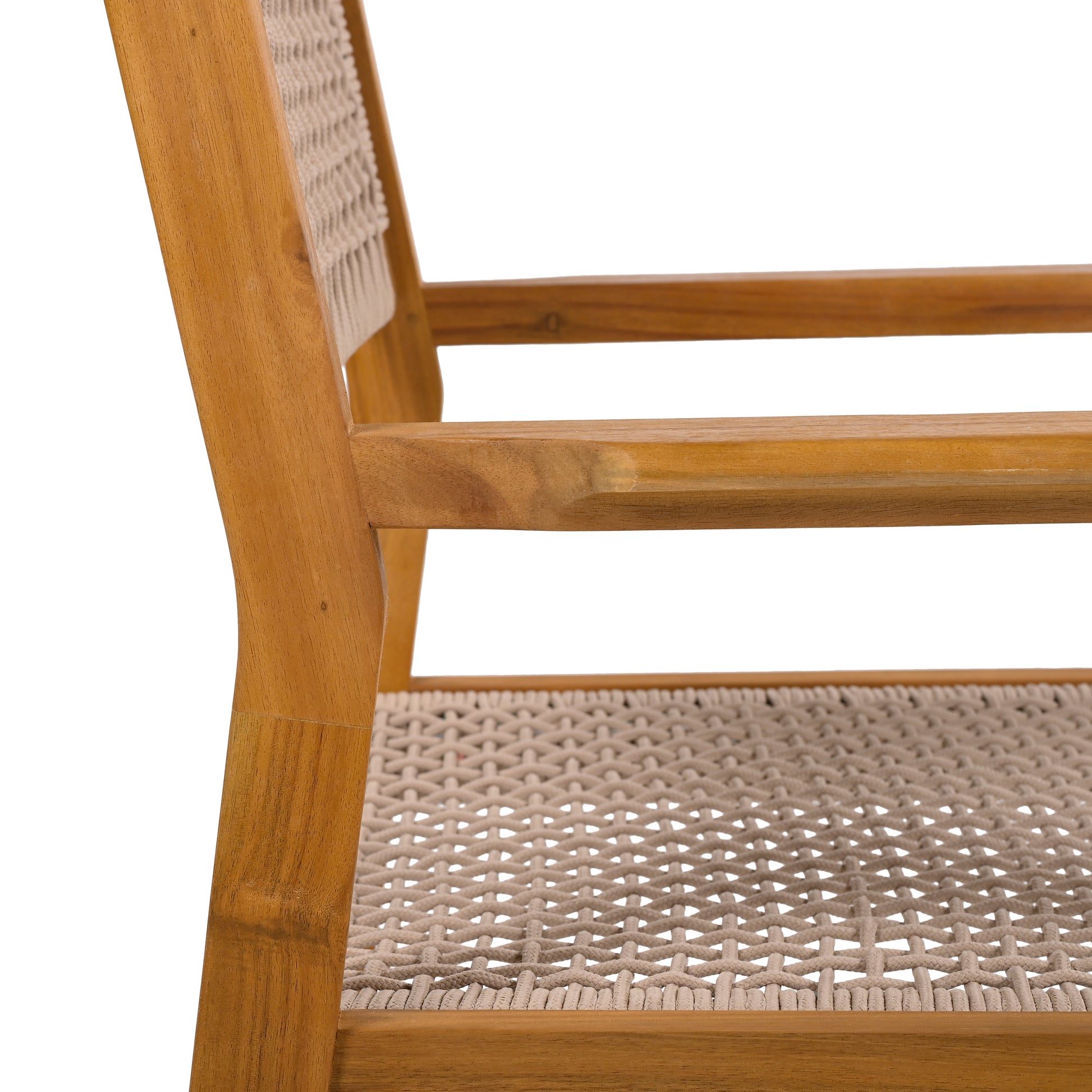 Teak wood chair with woven rope seat in a neutral tone