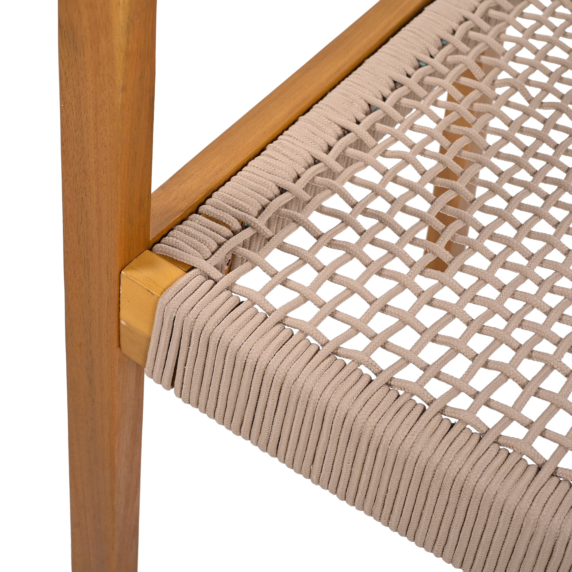Closeup of a woven rope seat in beige with a wooden frame