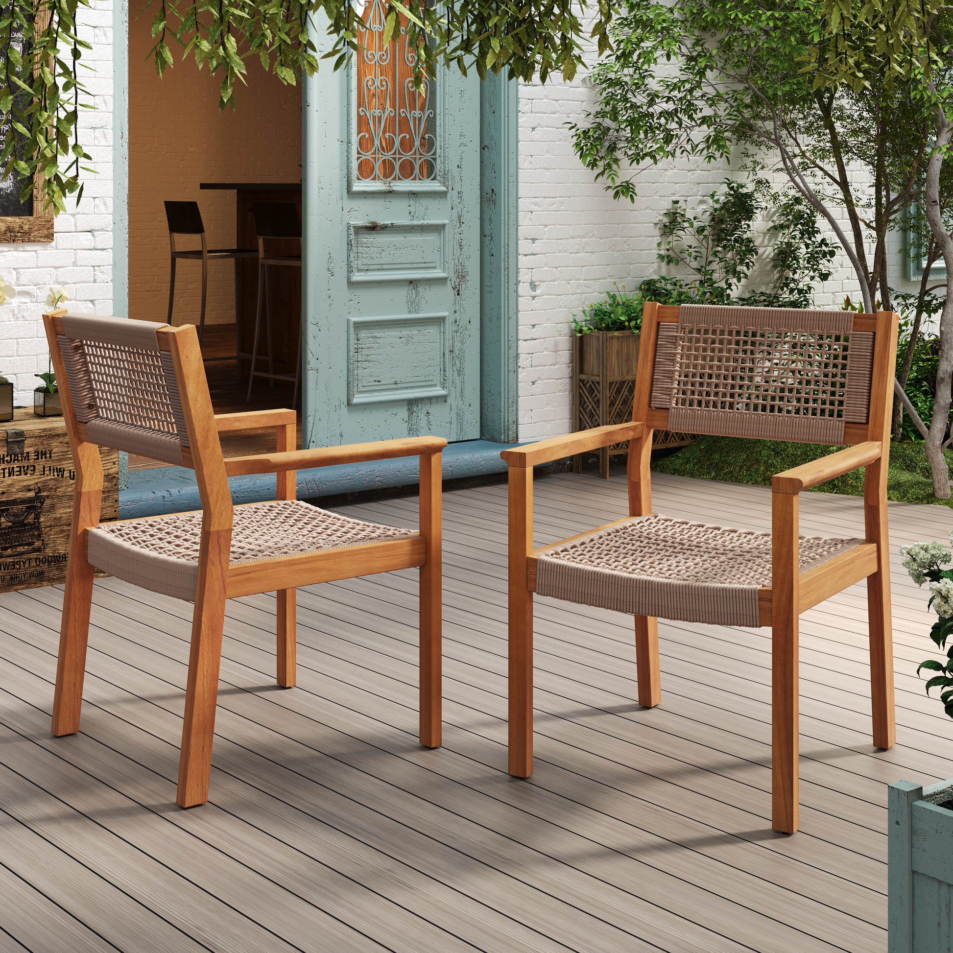 Wooden outdoor chair with woven rope seat and back