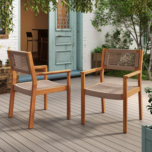 Wooden outdoor chair with woven rope seat and back