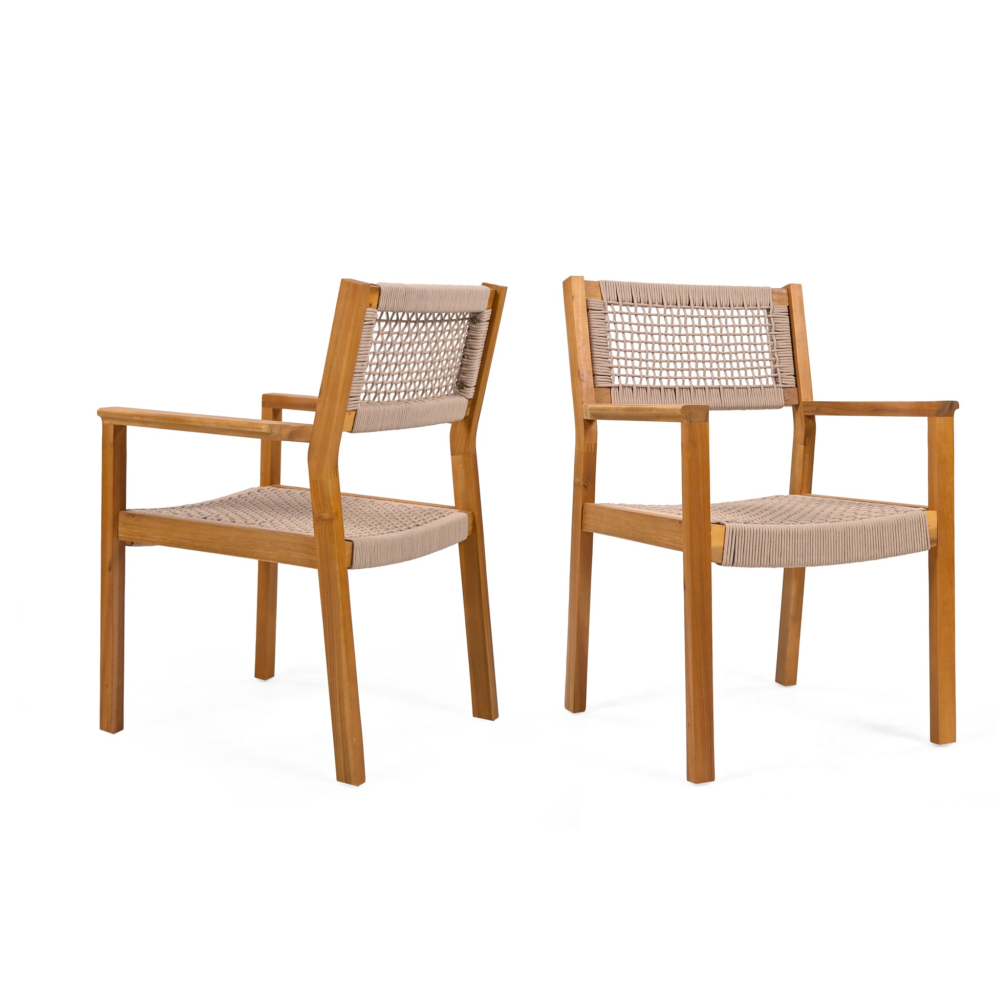 Two natural wood armchairs with woven tan rope seating and backs