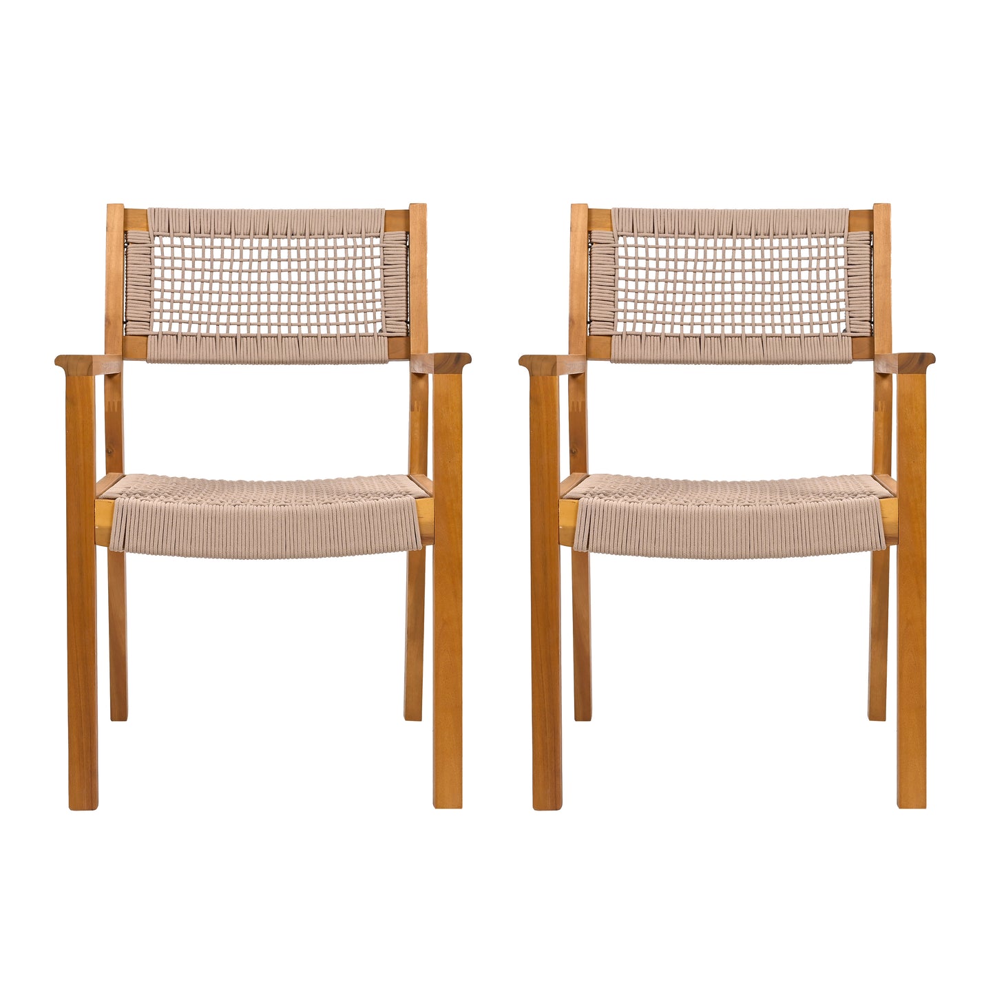 Two natural wood accent chairs with beige woven rope seats and backs