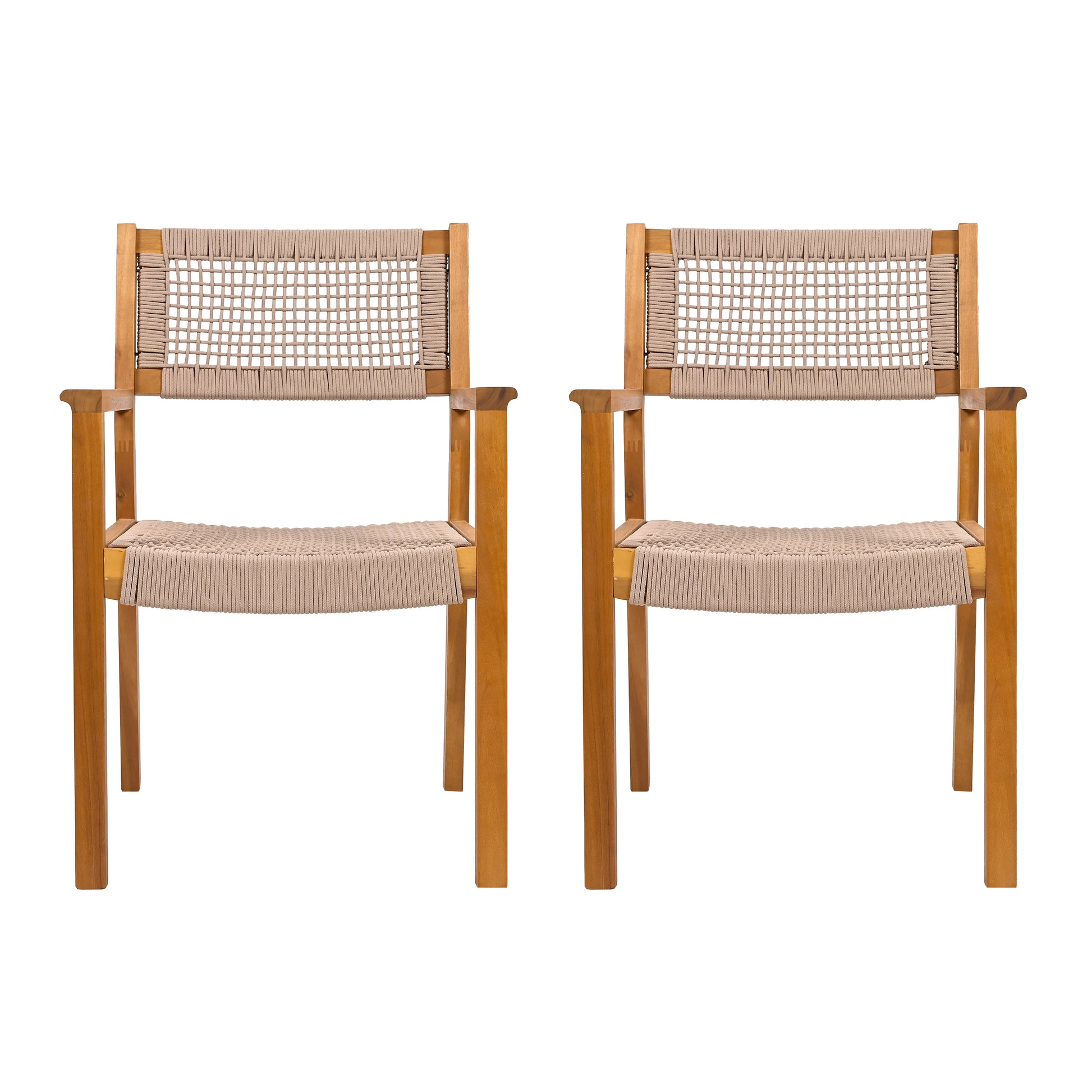 Two natural wood accent chairs with beige woven rope seats and backs