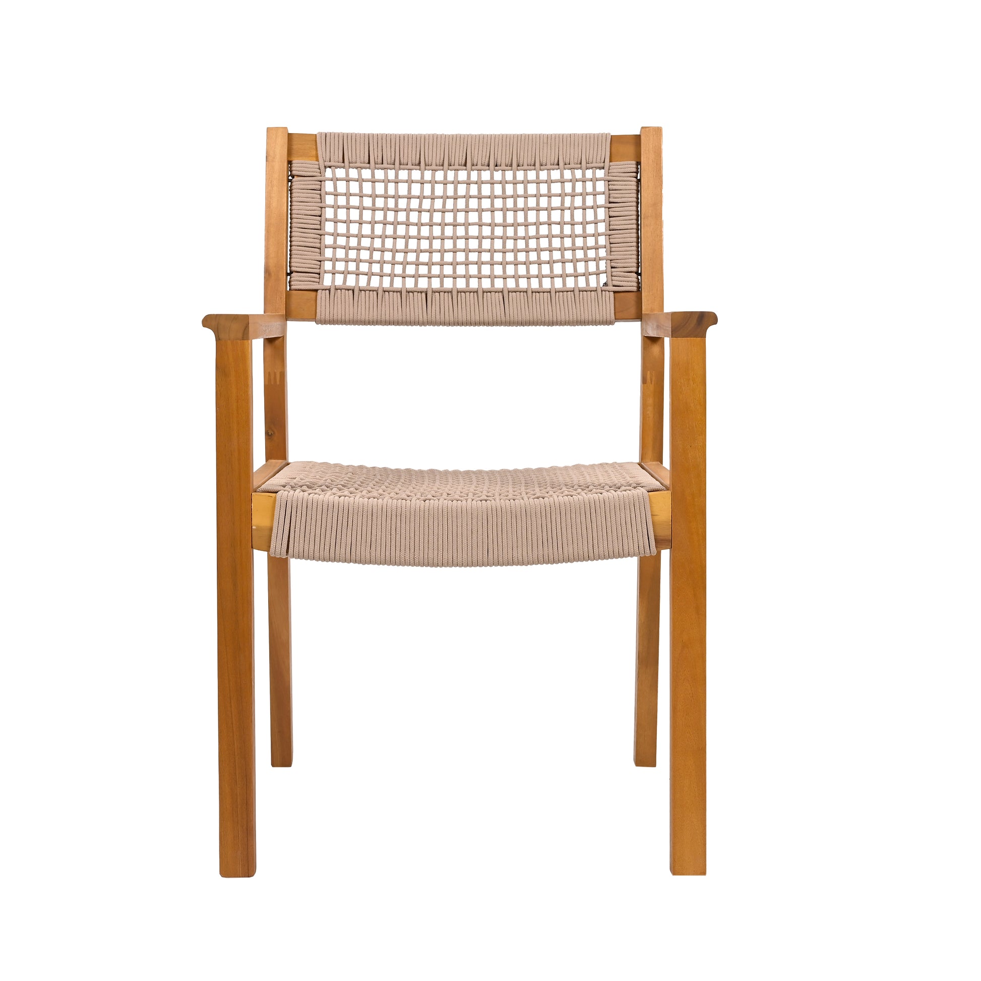 Wooden armchair with woven beige seat and back